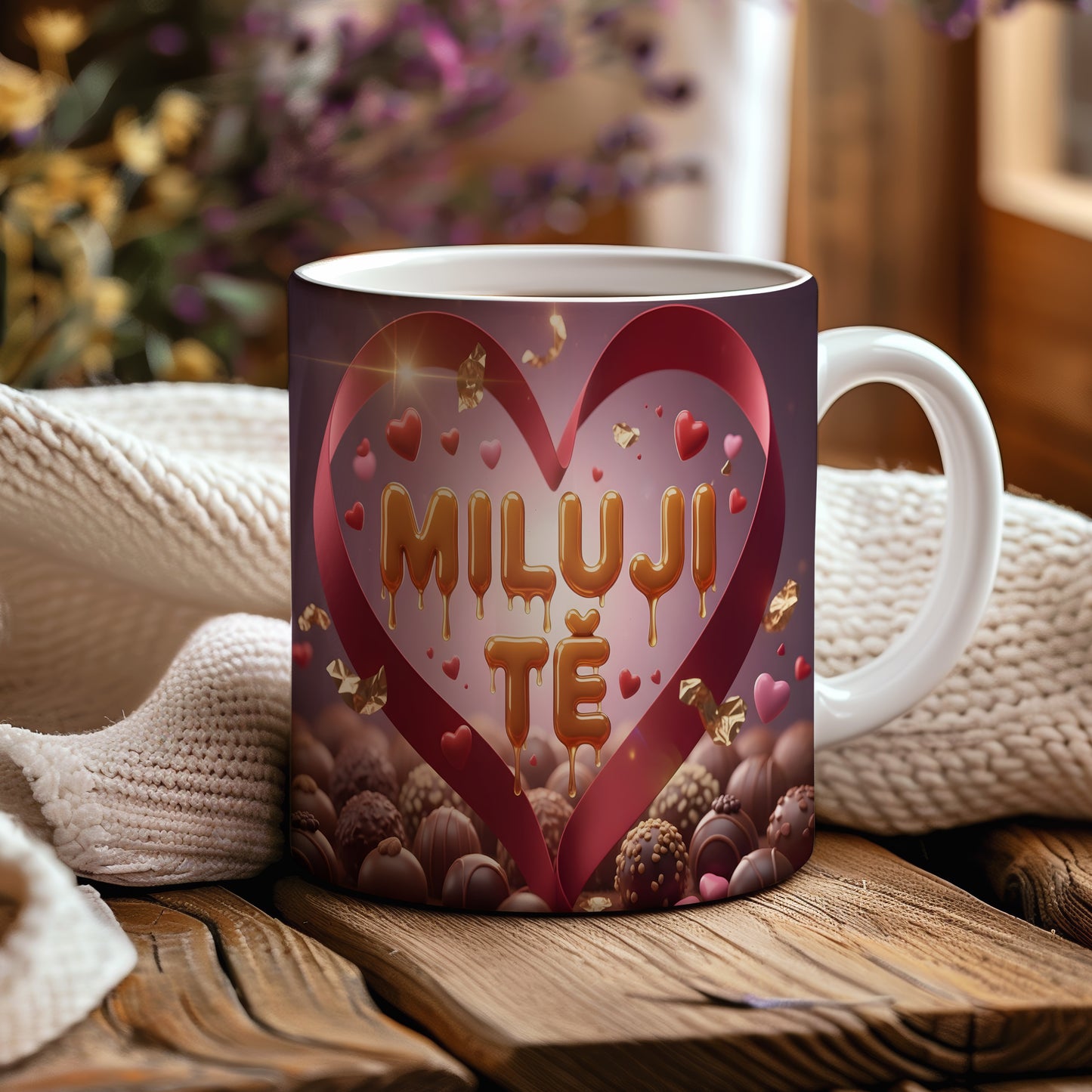 Romantický hrnek s nápisem MILUJI TĚ a srdíčky.