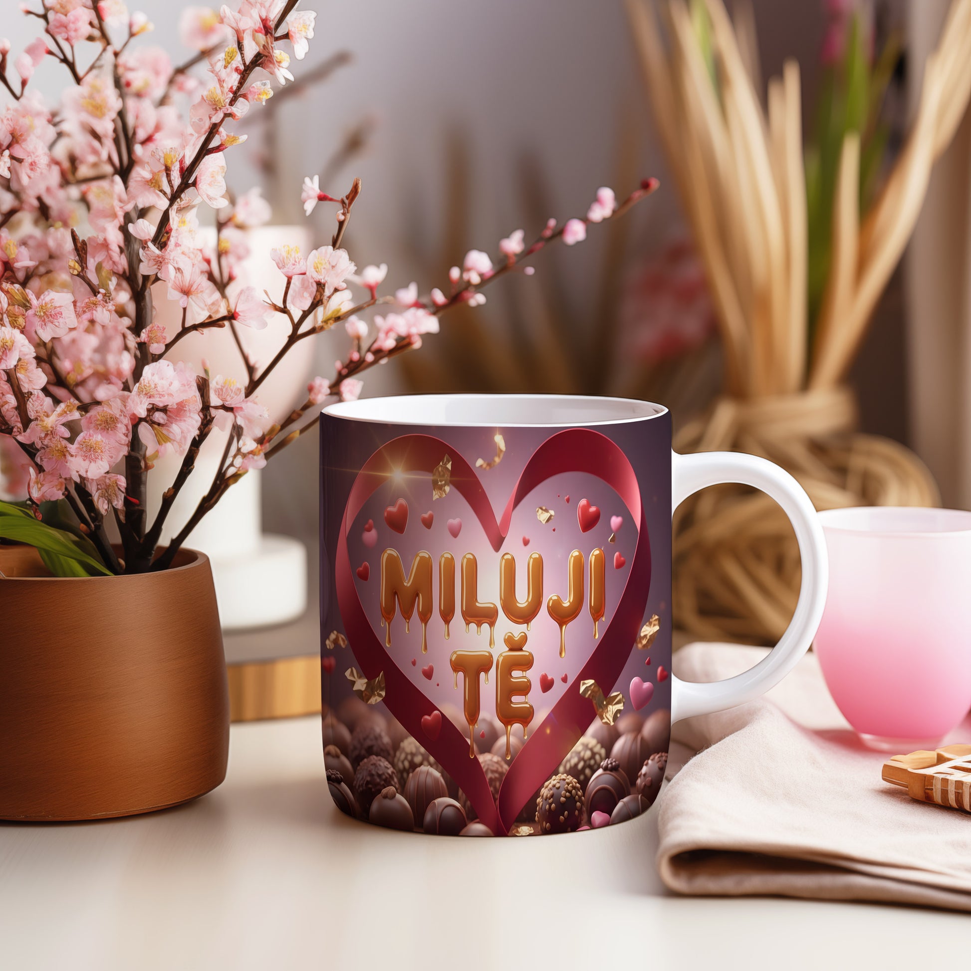 Romantický hrnek s nápisem MILUJI TĚ a srdíčky.