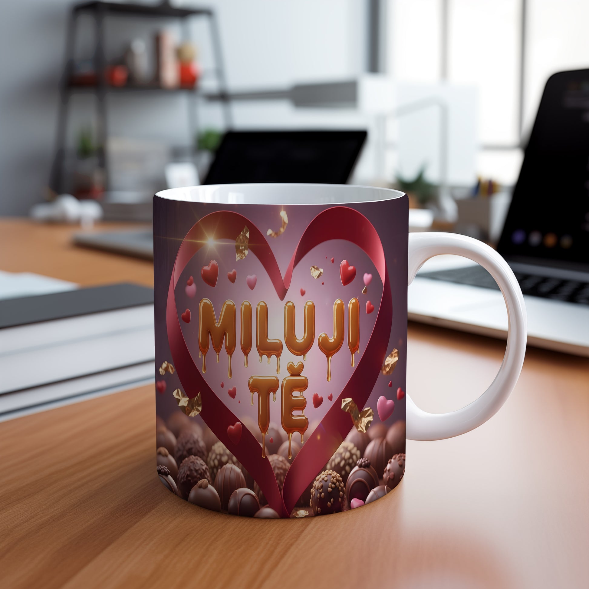 Romantický hrnek s nápisem MILUJI TĚ a srdíčky.