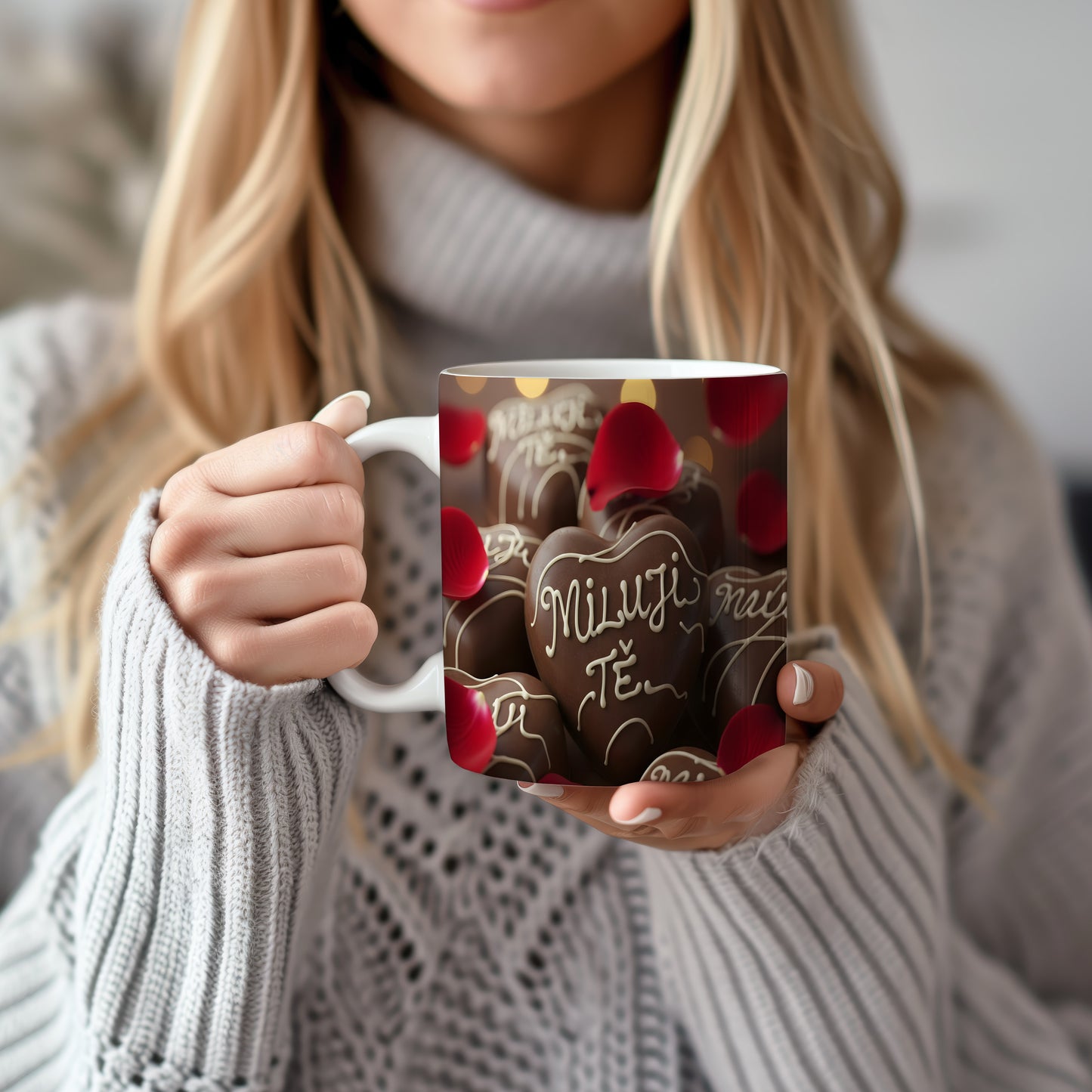 Hrnek s čokoládovými srdci a růžovými lístky, nápis Miluji Tě.