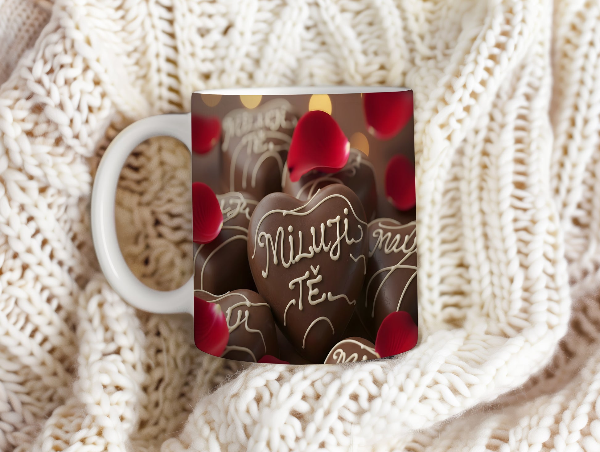 Hrnek s čokoládovými srdci a růžovými lístky, nápis Miluji Tě.