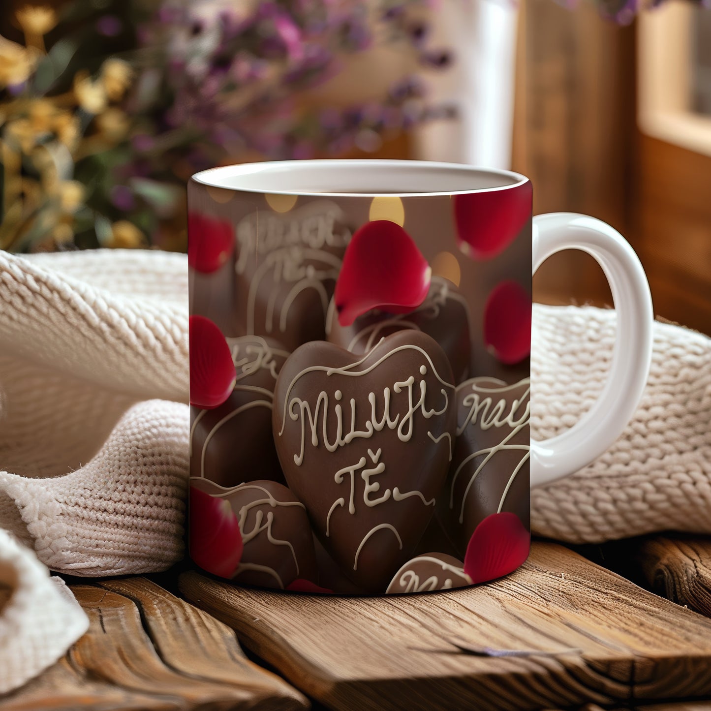 Hrnek s čokoládovými srdci a růžovými lístky, nápis Miluji Tě.