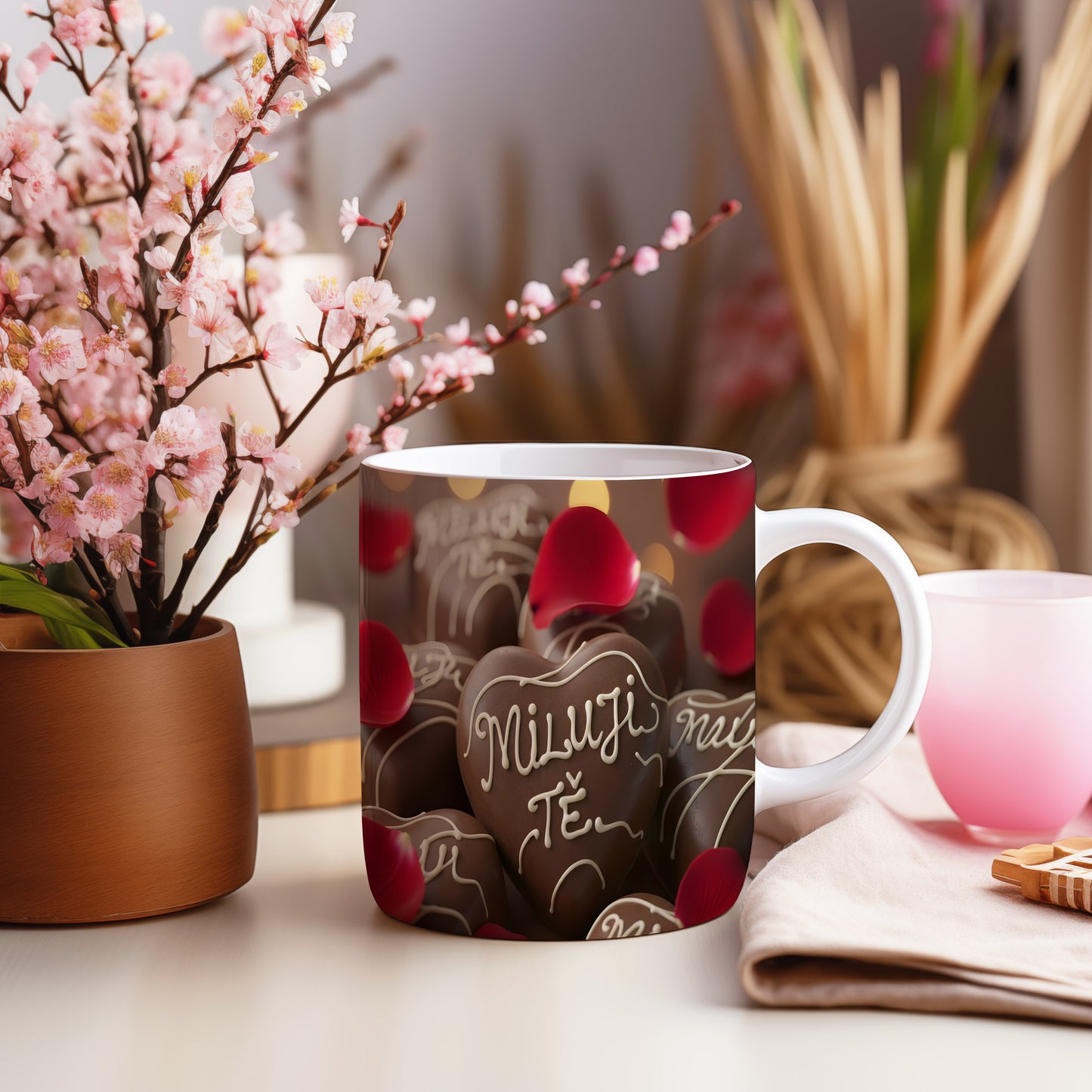 Hrnek s čokoládovými srdci a růžovými lístky, nápis Miluji Tě.