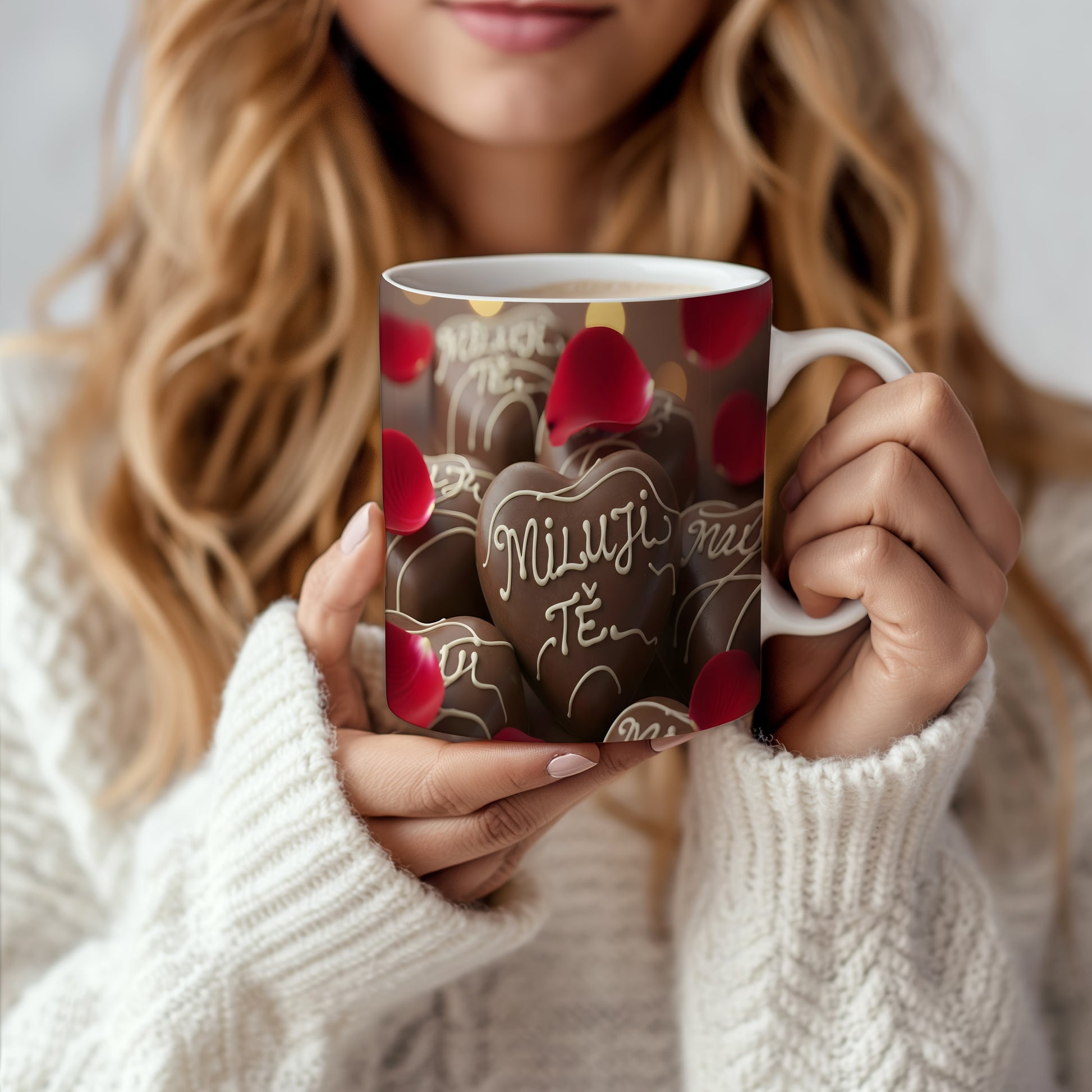 Hrnek s čokoládovými srdci a růžovými lístky, nápis Miluji Tě.