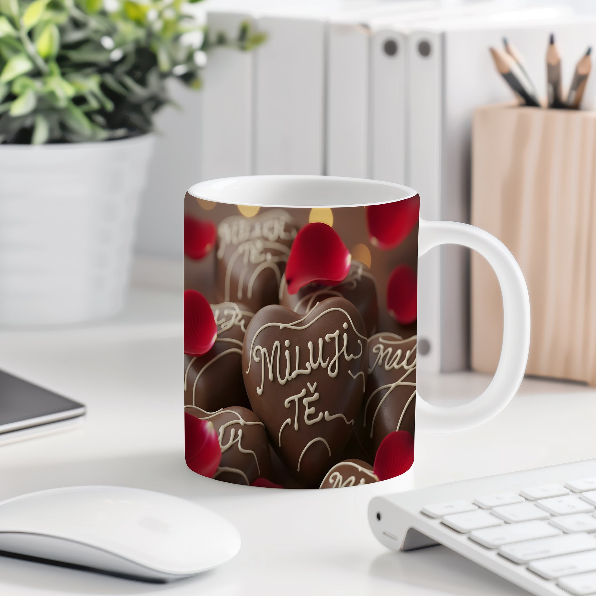Hrnek s čokoládovými srdci a růžovými lístky, nápis Miluji Tě.