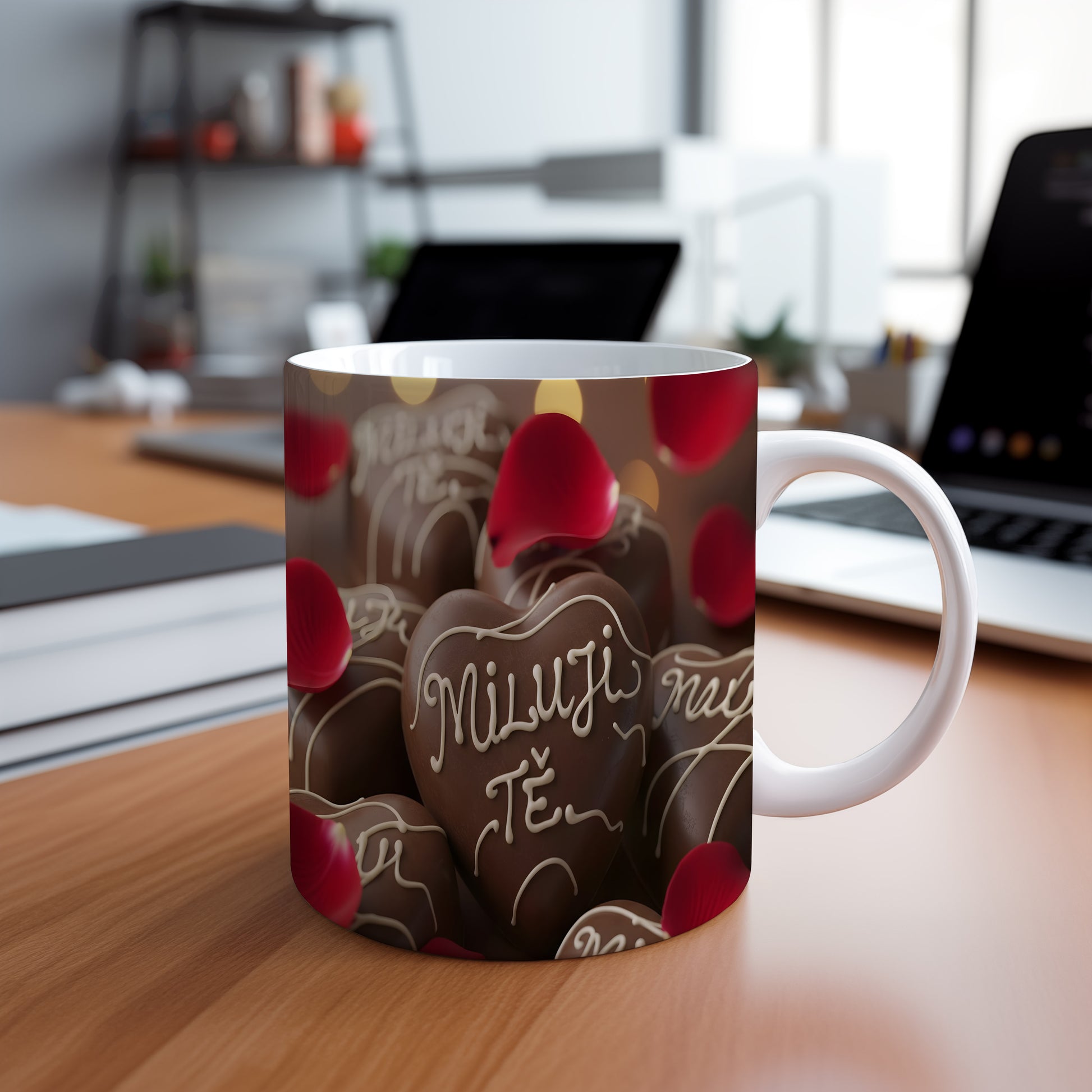 Hrnek s čokoládovými srdci a růžovými lístky, nápis Miluji Tě.