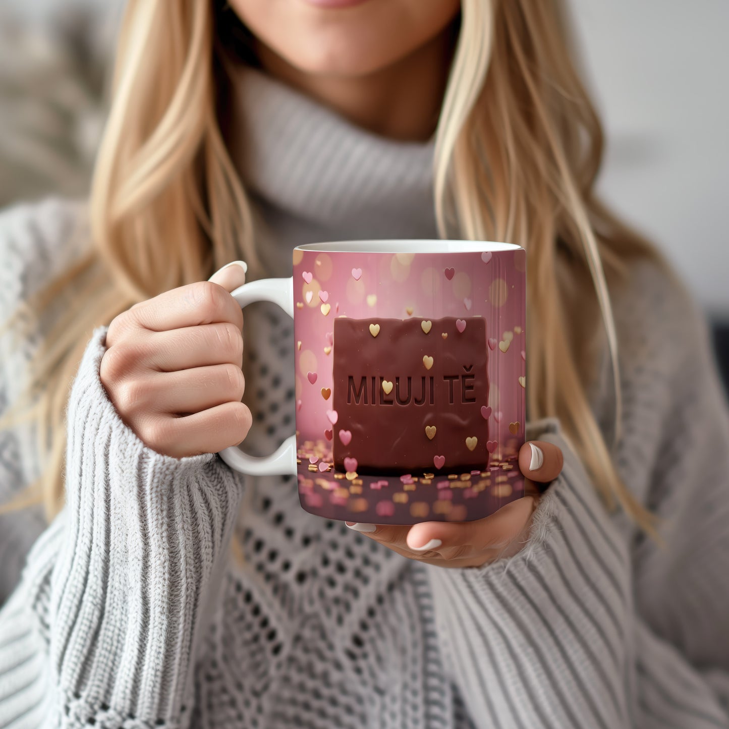 Hrnek s nápisem MILUJI TĚ a srdíčky na růžovém pozadí.