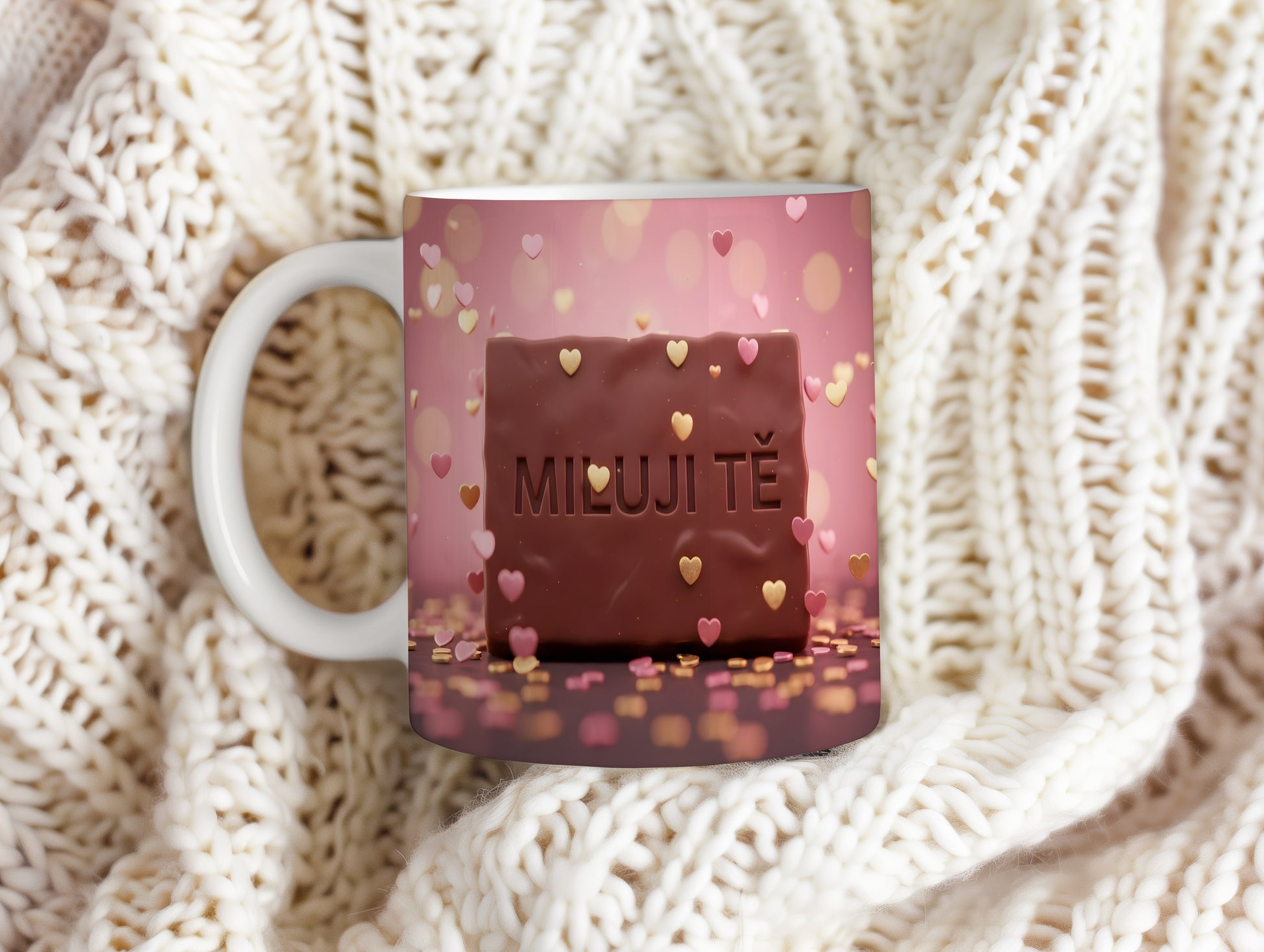 Hrnek s nápisem MILUJI TĚ a srdíčky na růžovém pozadí.