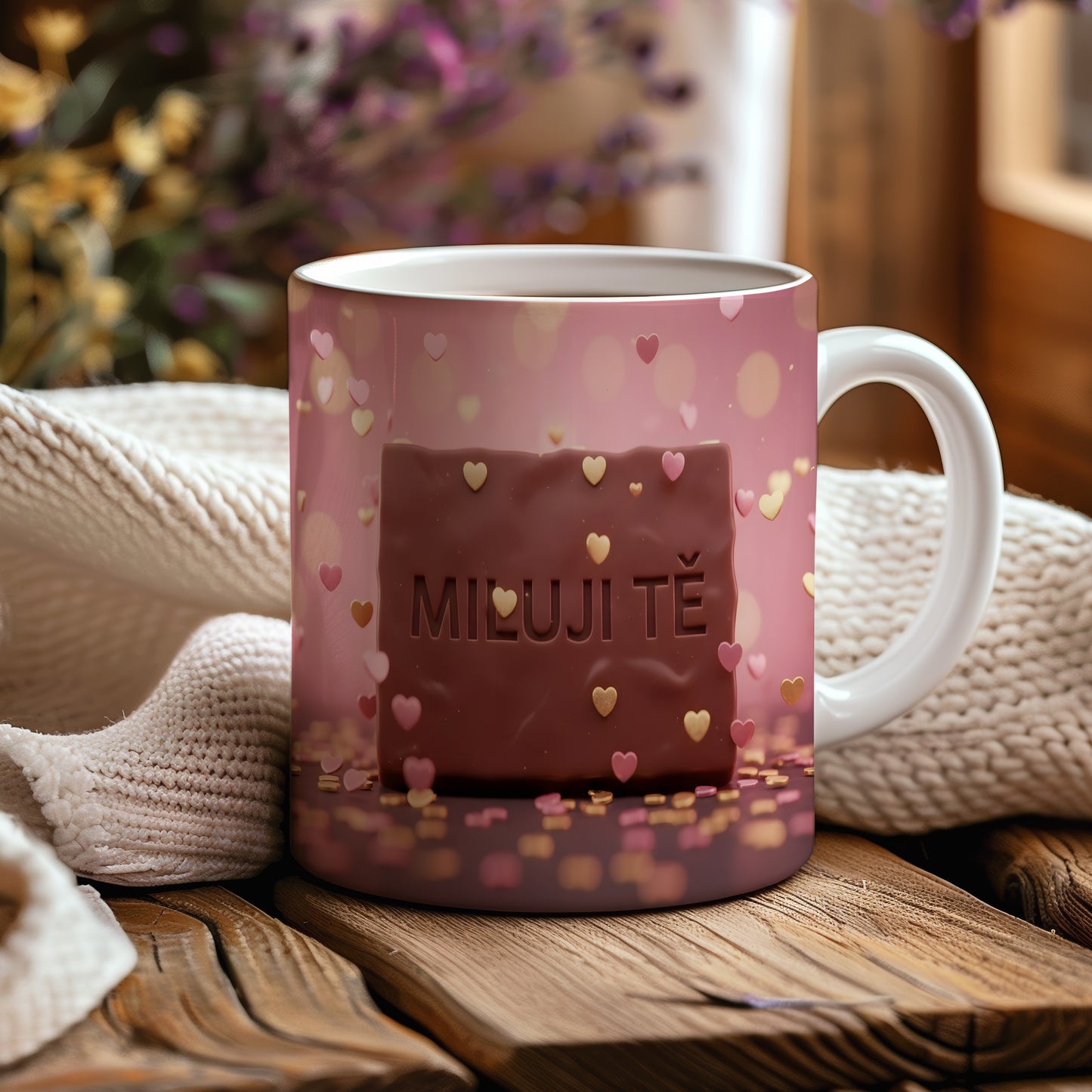 Hrnek s nápisem MILUJI TĚ a srdíčky na růžovém pozadí.