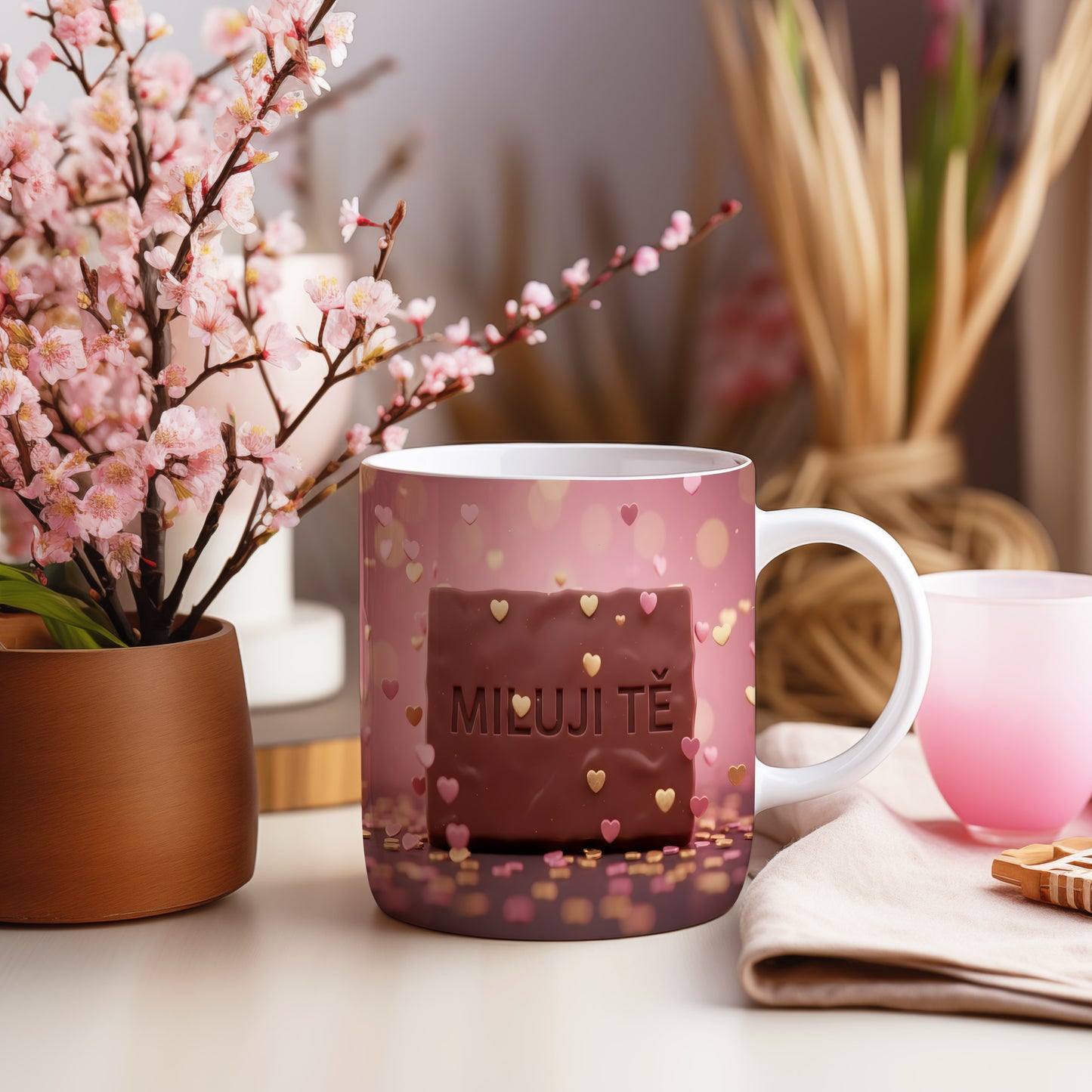 Hrnek s nápisem MILUJI TĚ a srdíčky na růžovém pozadí.