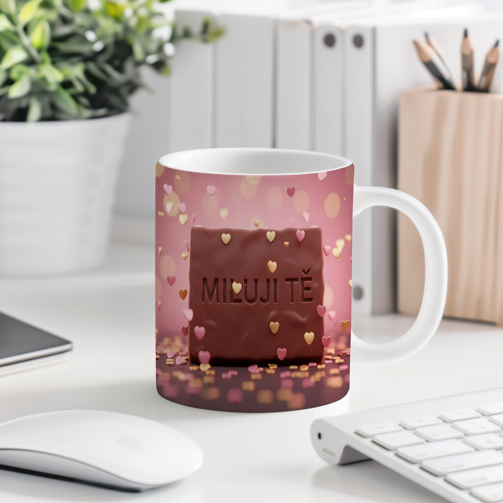 Hrnek s nápisem MILUJI TĚ a srdíčky na růžovém pozadí.