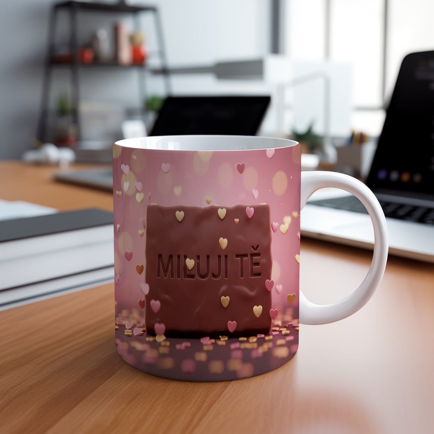 Hrnek s nápisem MILUJI TĚ a srdíčky na růžovém pozadí.