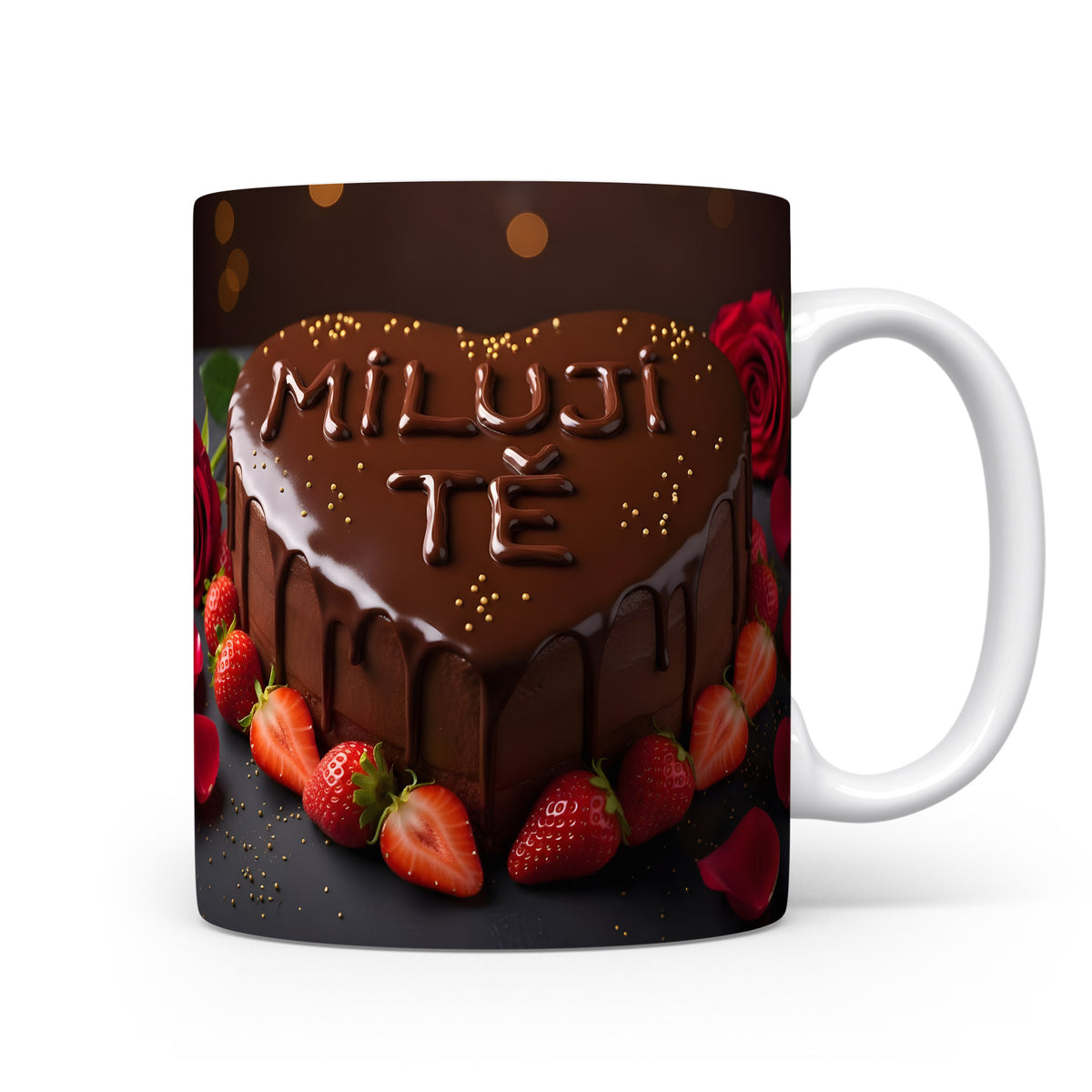 Hrnek s motivem srdce, jahod a růží s nápisem MILUJI TĚ.