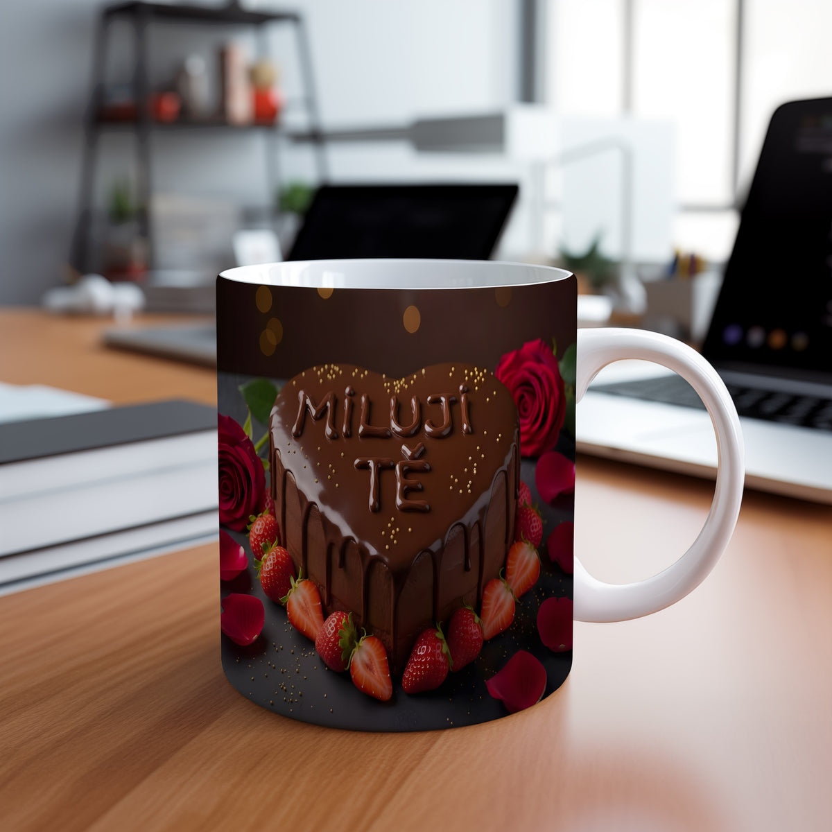 Hrnek s motivem srdce, jahod a růží s nápisem MILUJI TĚ.