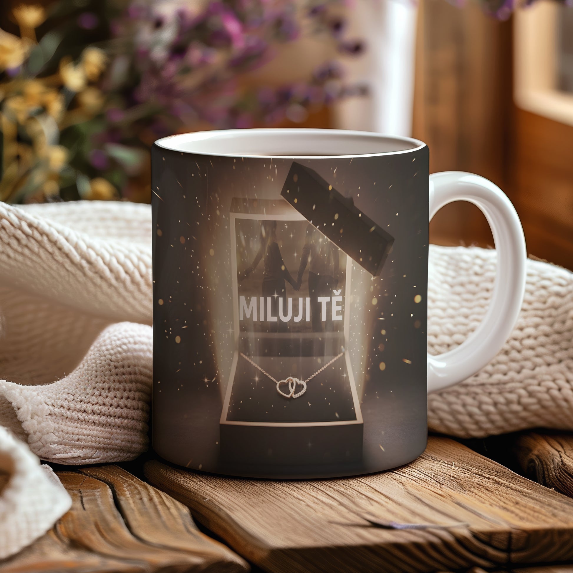 Hrnek s nápisem MILUJI TĚ a zlatými třpytkami na tmavém pozadí.