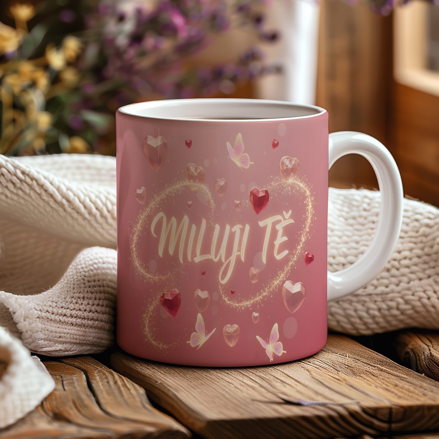 Růžový hrnek s motivem srdcí, motýlů a nápisem MILUJI TĚ.