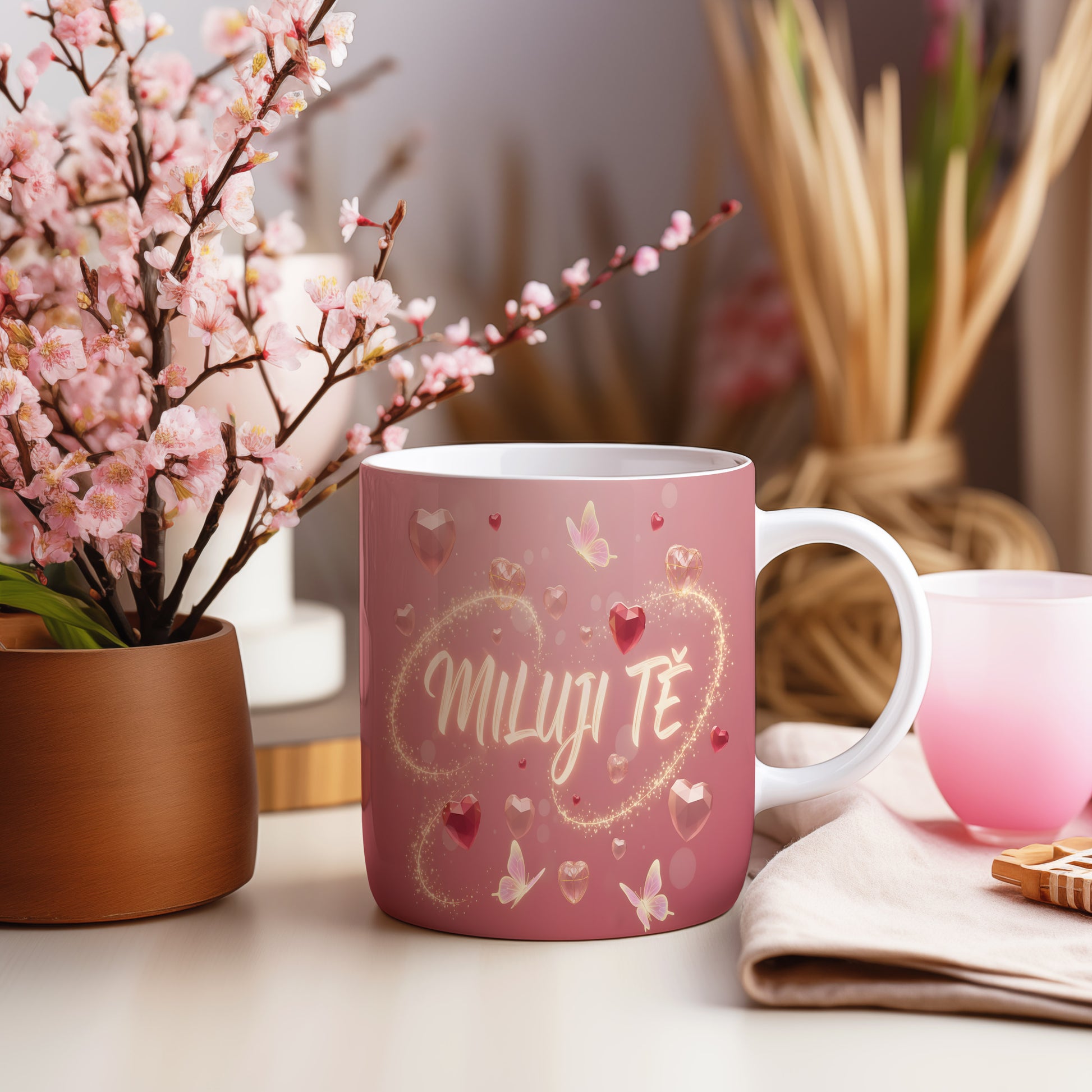 Růžový hrnek s motivem srdcí, motýlů a nápisem MILUJI TĚ.
