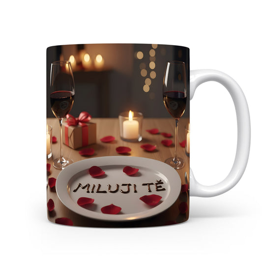 Romantický hrnek s růžemi, svíčkami a sklenicemi vína.