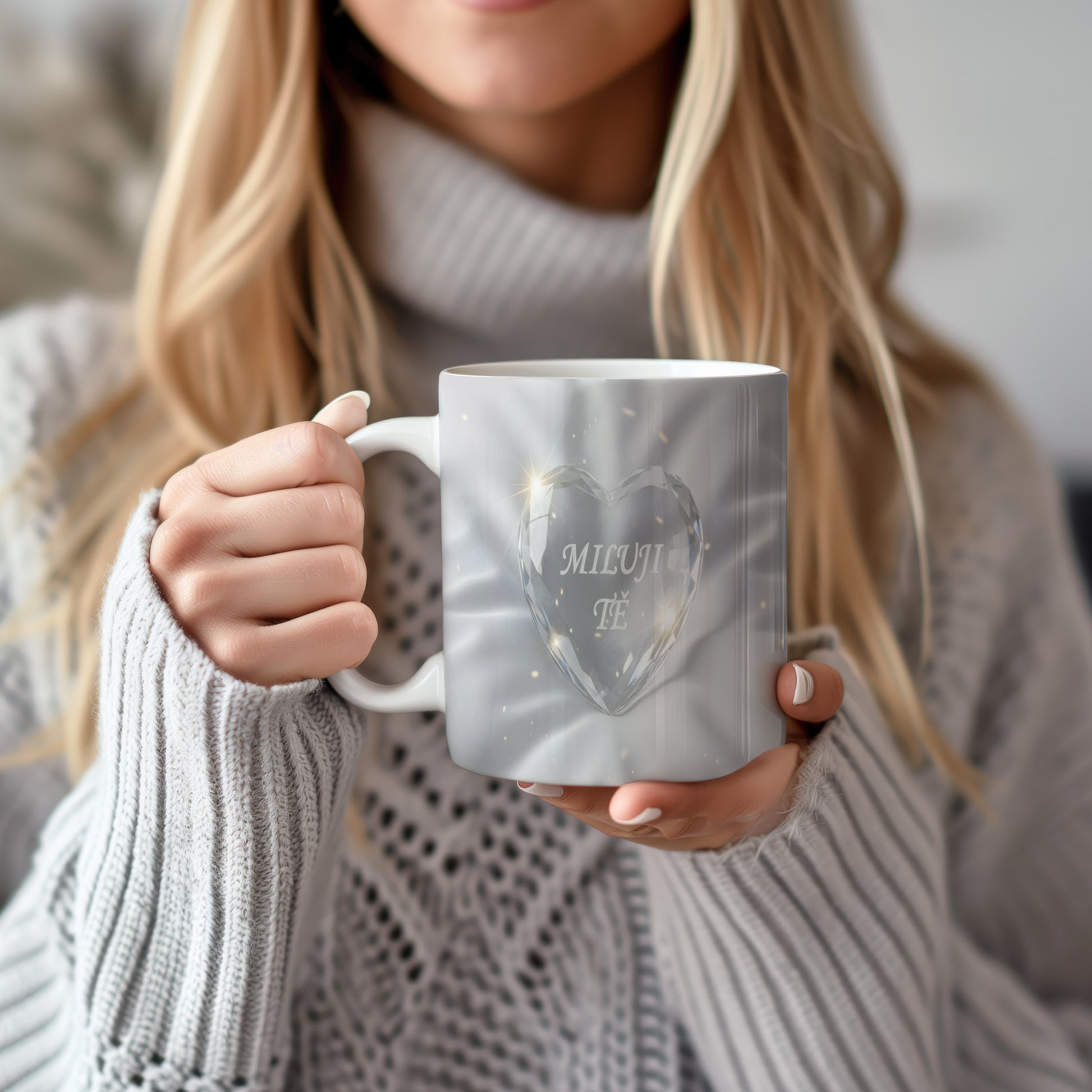 Bílý hrnek s nápisem MILUJI TĚ a krystalickým srdcem.