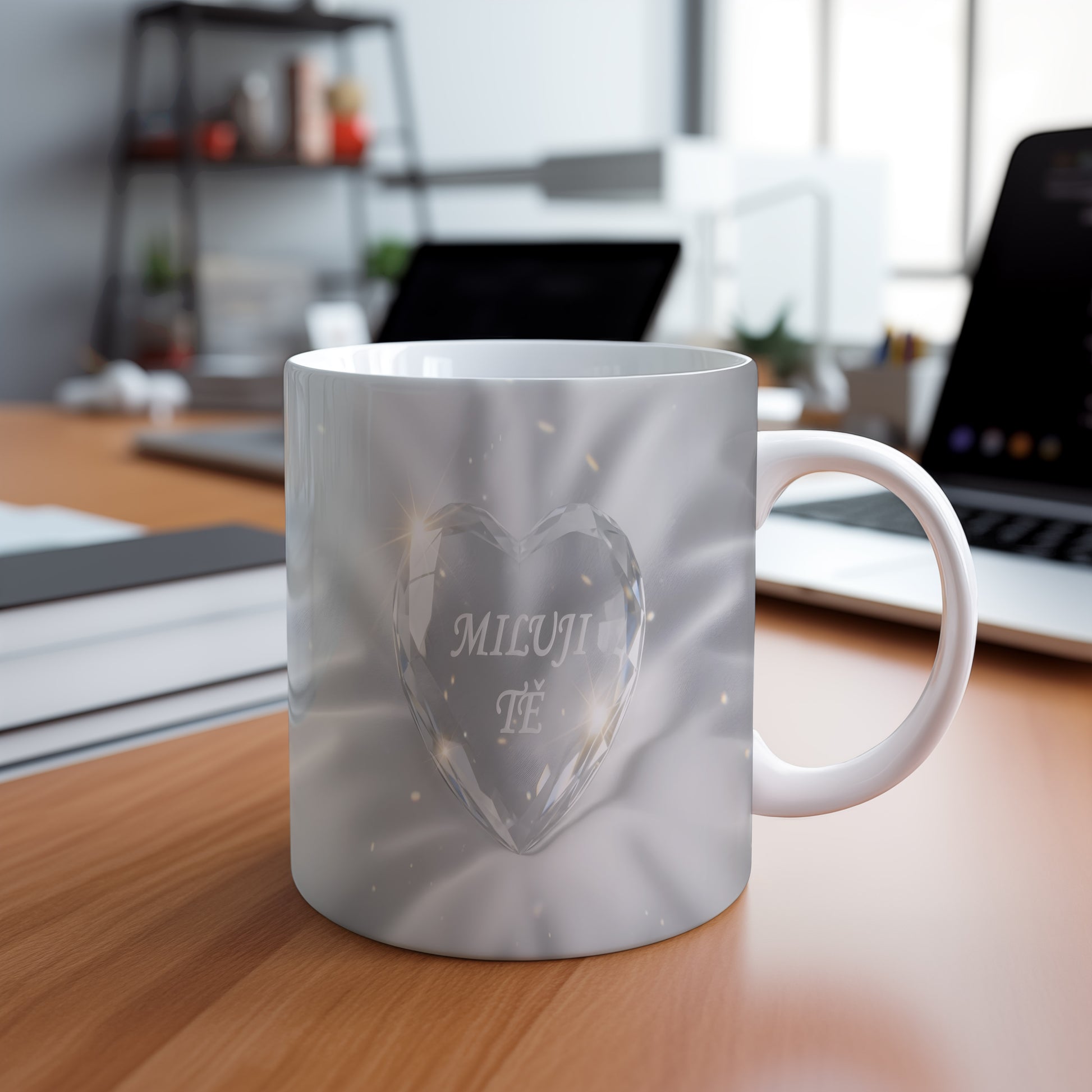 Bílý hrnek s nápisem MILUJI TĚ a krystalickým srdcem.