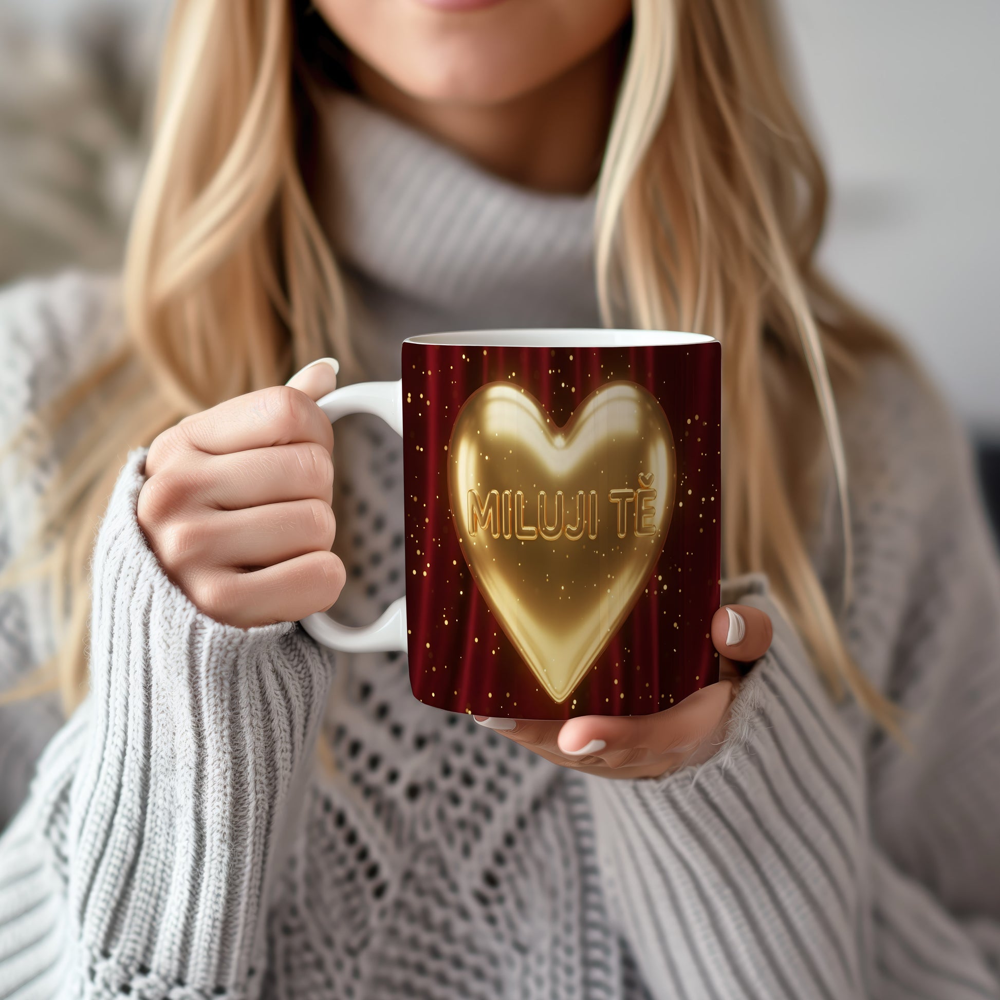 Hrnek s nápisem MILUJI TĚ a zlatým srdcem na červeném pozadí.