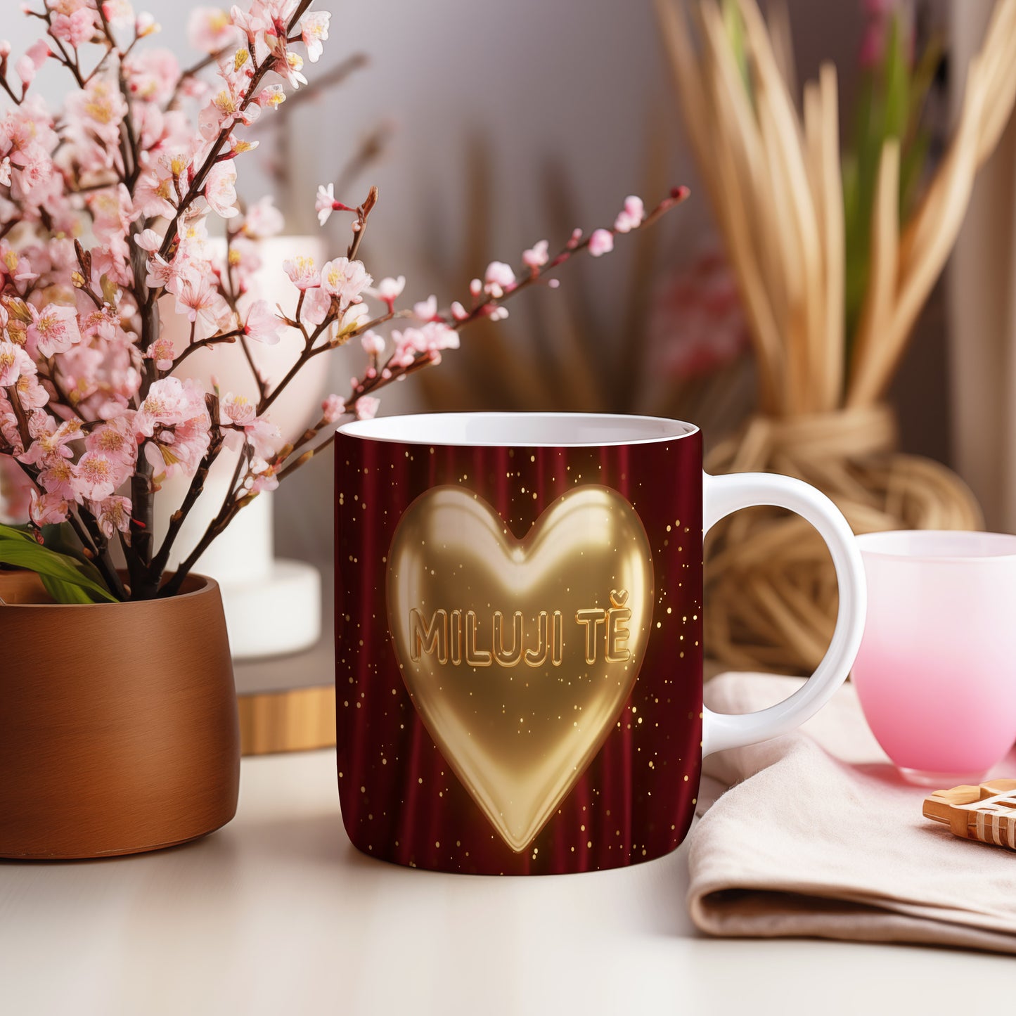 Hrnek s nápisem MILUJI TĚ a zlatým srdcem na červeném pozadí.