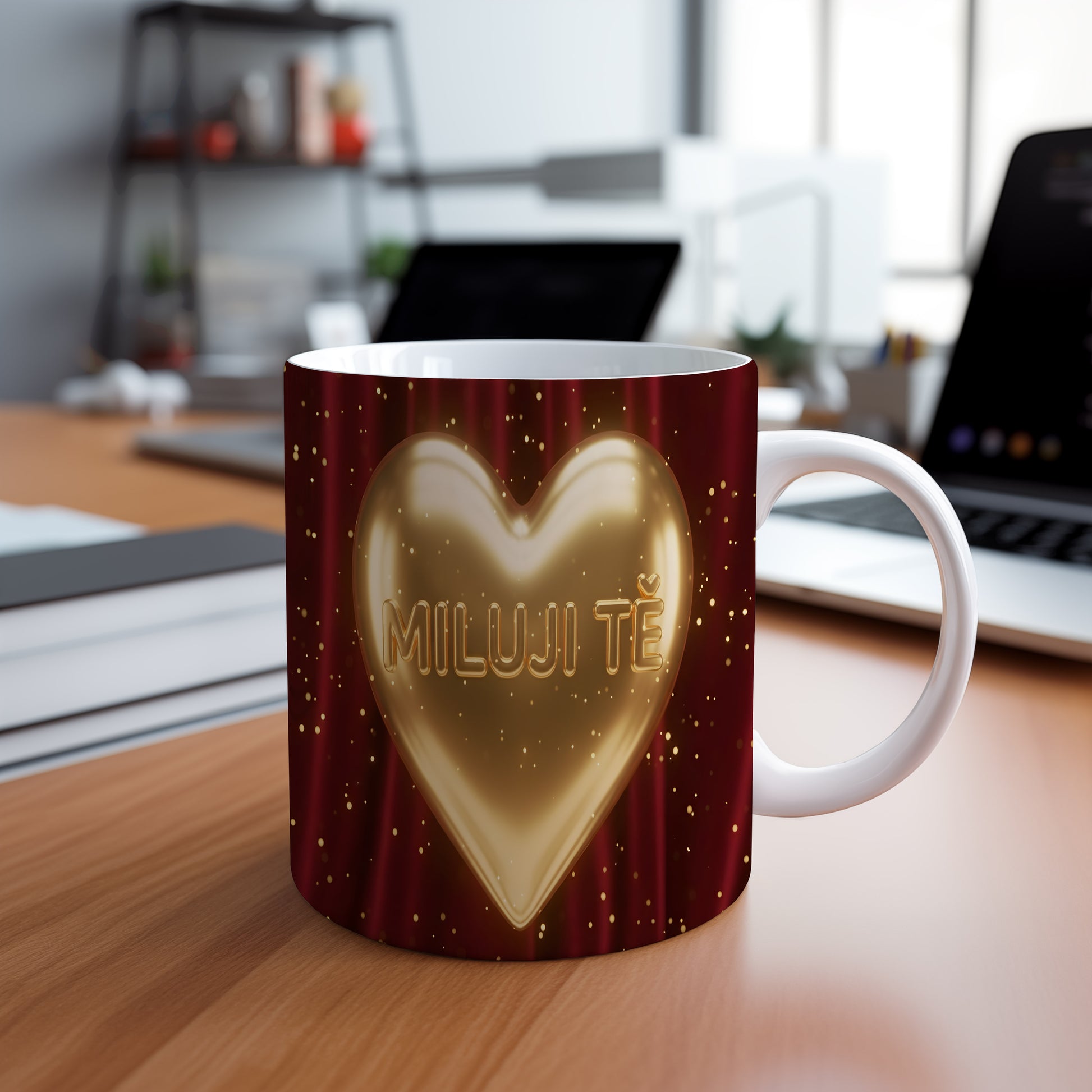 Hrnek s nápisem MILUJI TĚ a zlatým srdcem na červeném pozadí.