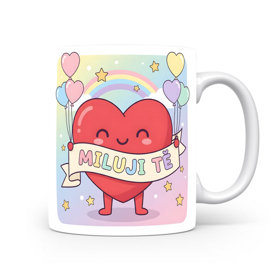 Hrnek s roztomilým srdcem a pastelovými balónky.