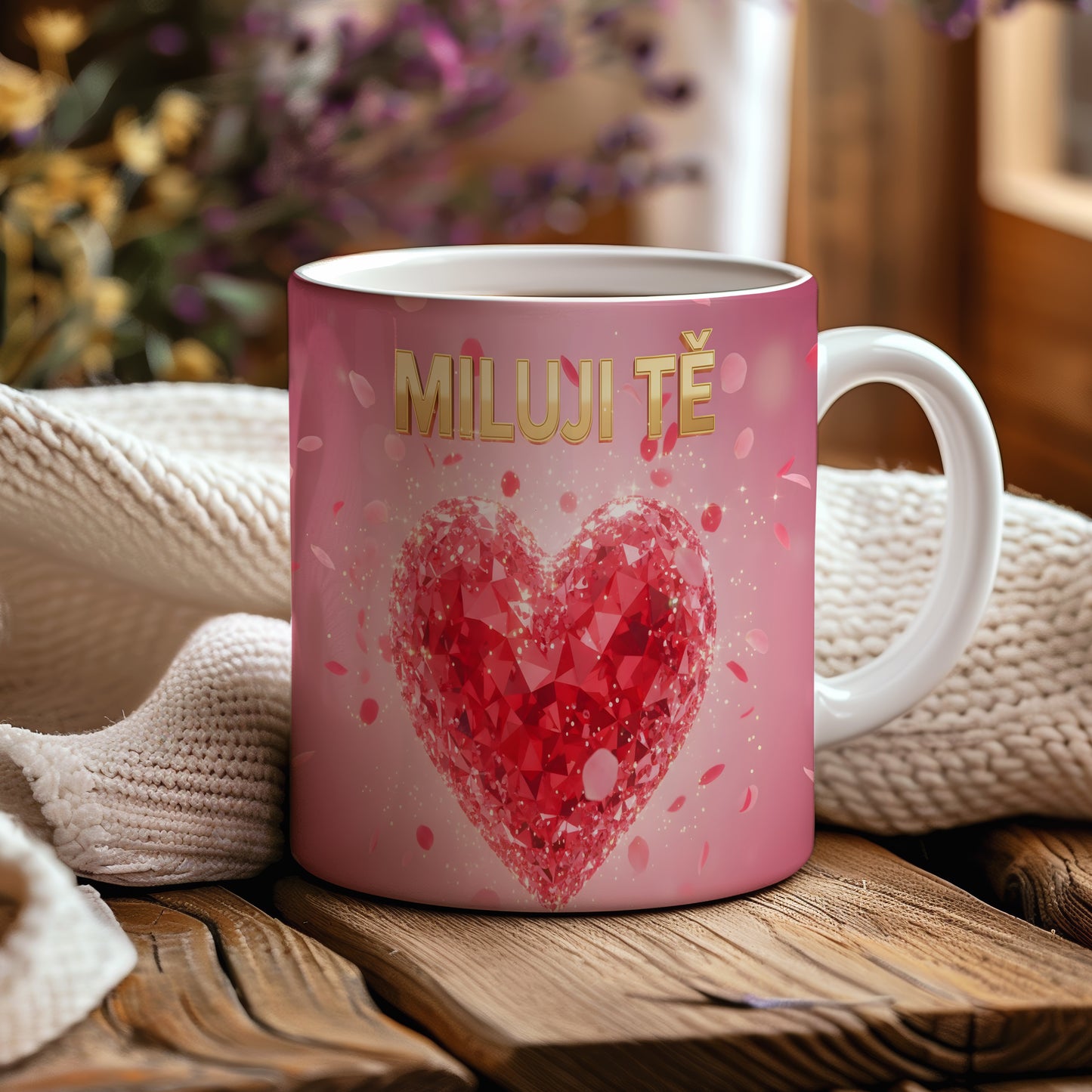 Růžový hrnek s červeným srdcem a nápisem MILUJI TĚ.