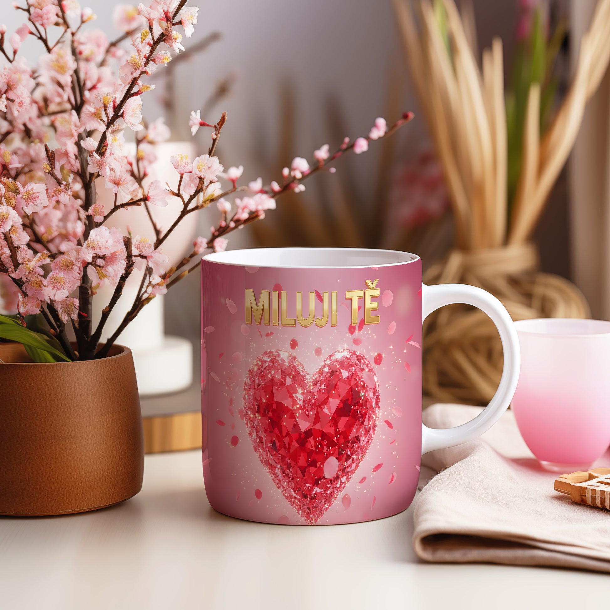 Růžový hrnek s červeným srdcem a nápisem MILUJI TĚ.