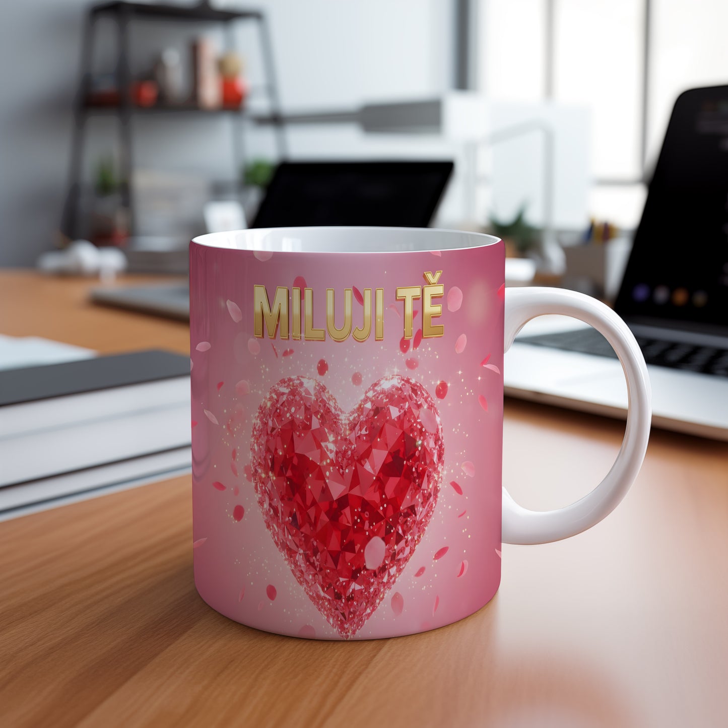 Růžový hrnek s červeným srdcem a nápisem MILUJI TĚ.