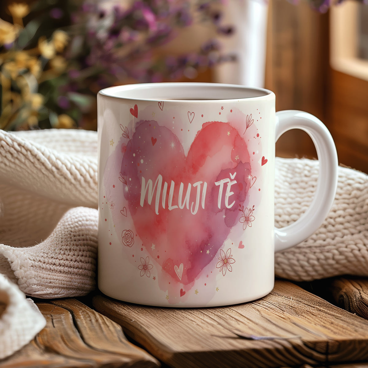 Romantický hrnek s červeným srdcem a nápisem MILUJI TĚ.