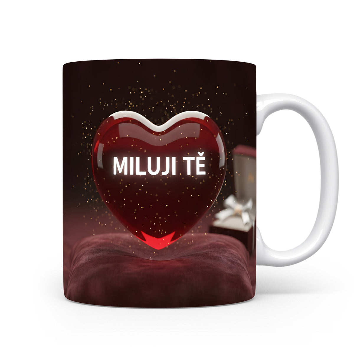 Romantický hrnek s červeným srdcem a nápisem MILUJI TĚ.