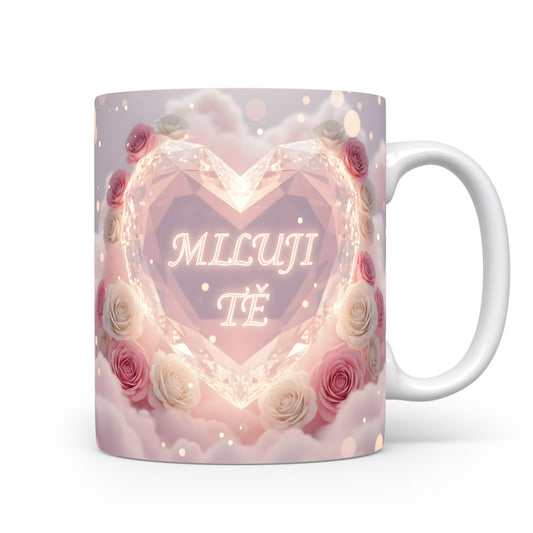 Hrnek s růžovým srdcem a růžemi, text MILUJI TĚ.