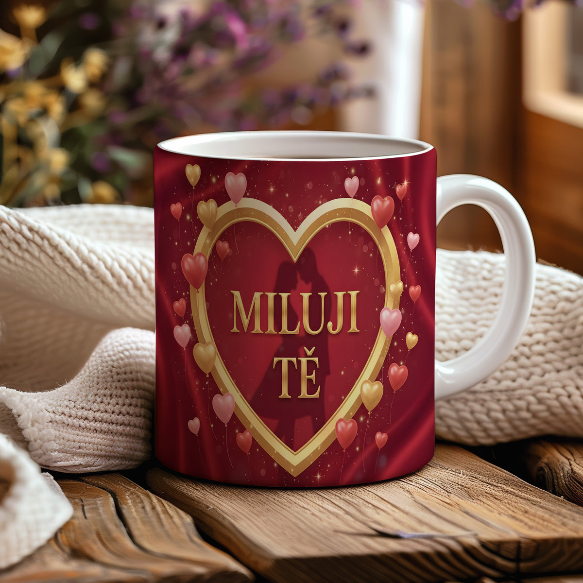 Červený hrnek se zlatým srdcem a nápisem MILUJI TĚ.
