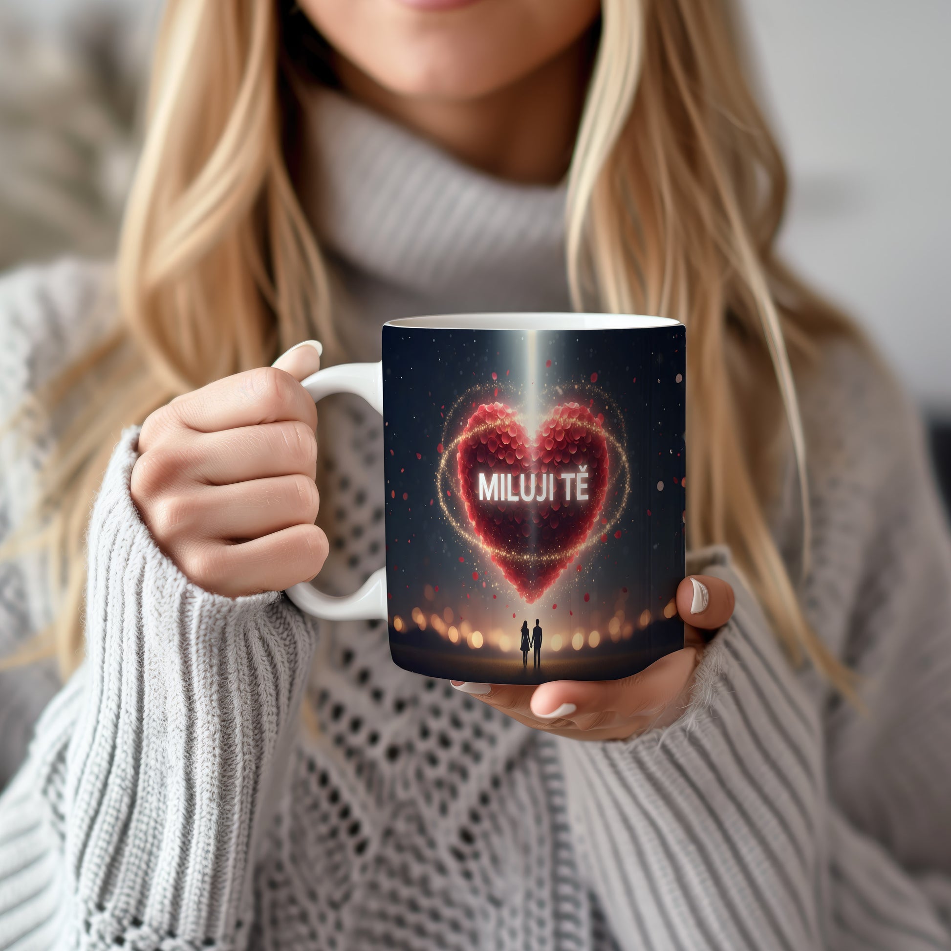 Romantický hrnek s červeným srdcem a postavami na temném pozadí.