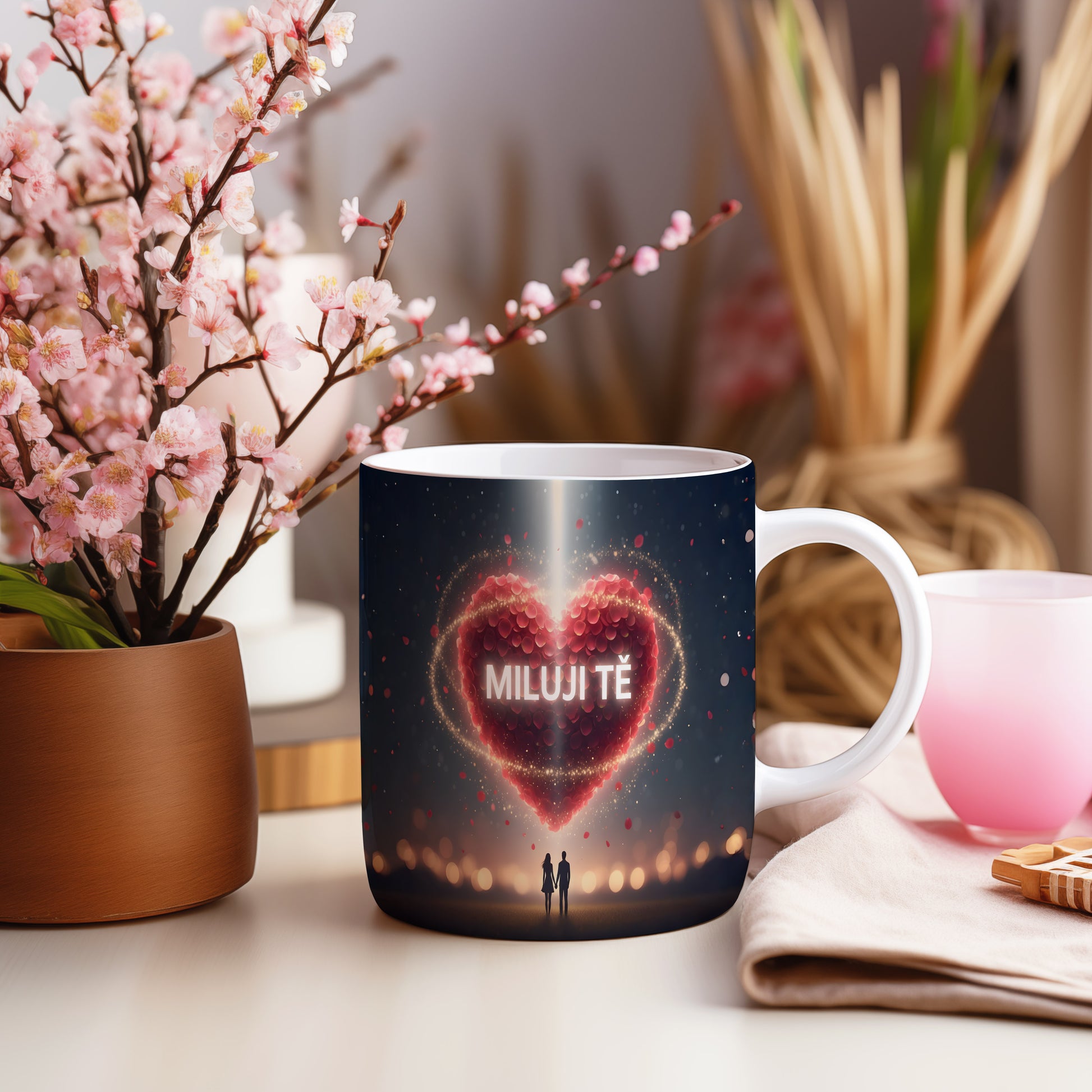Romantický hrnek s červeným srdcem a postavami na temném pozadí.