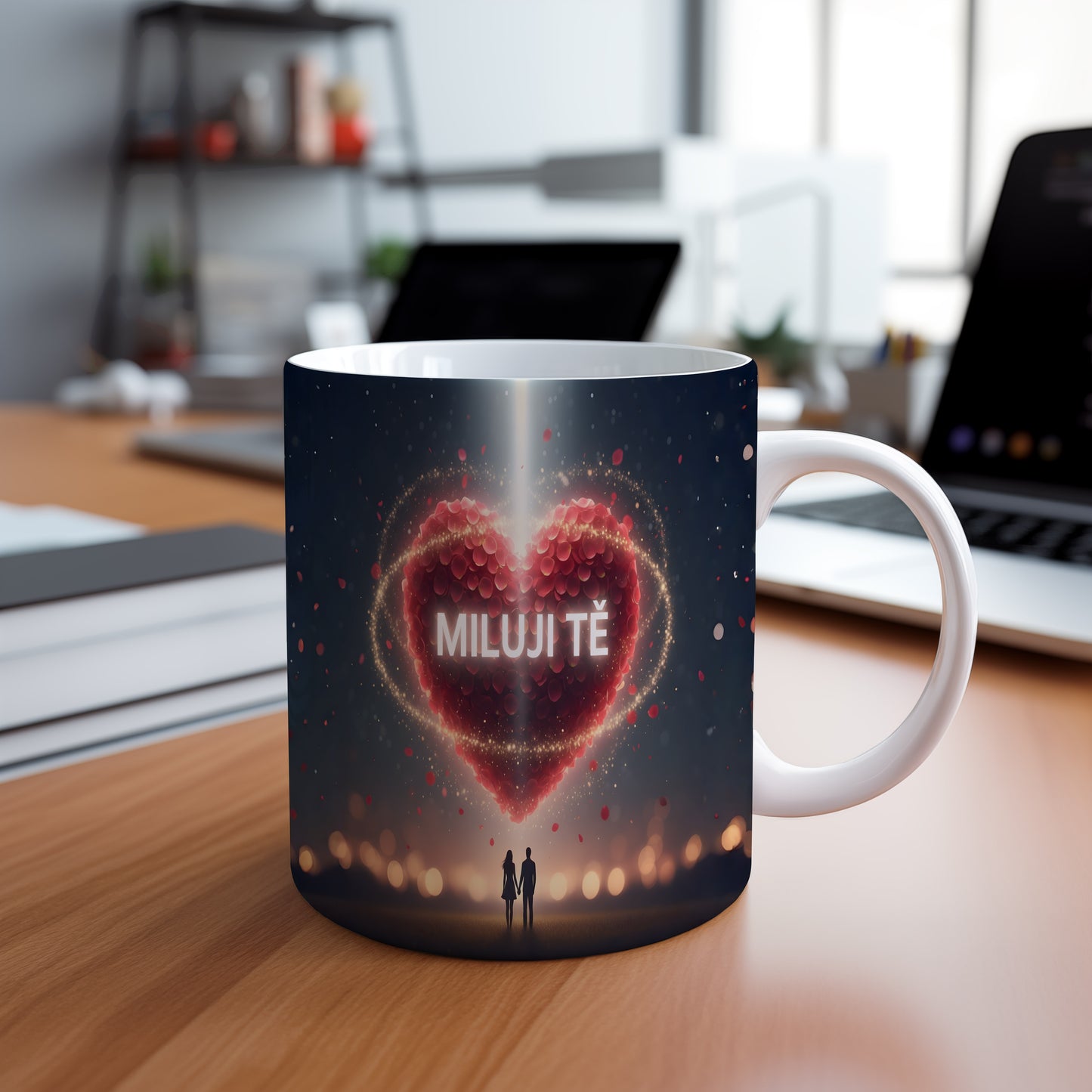 Romantický hrnek s červeným srdcem a postavami na temném pozadí.