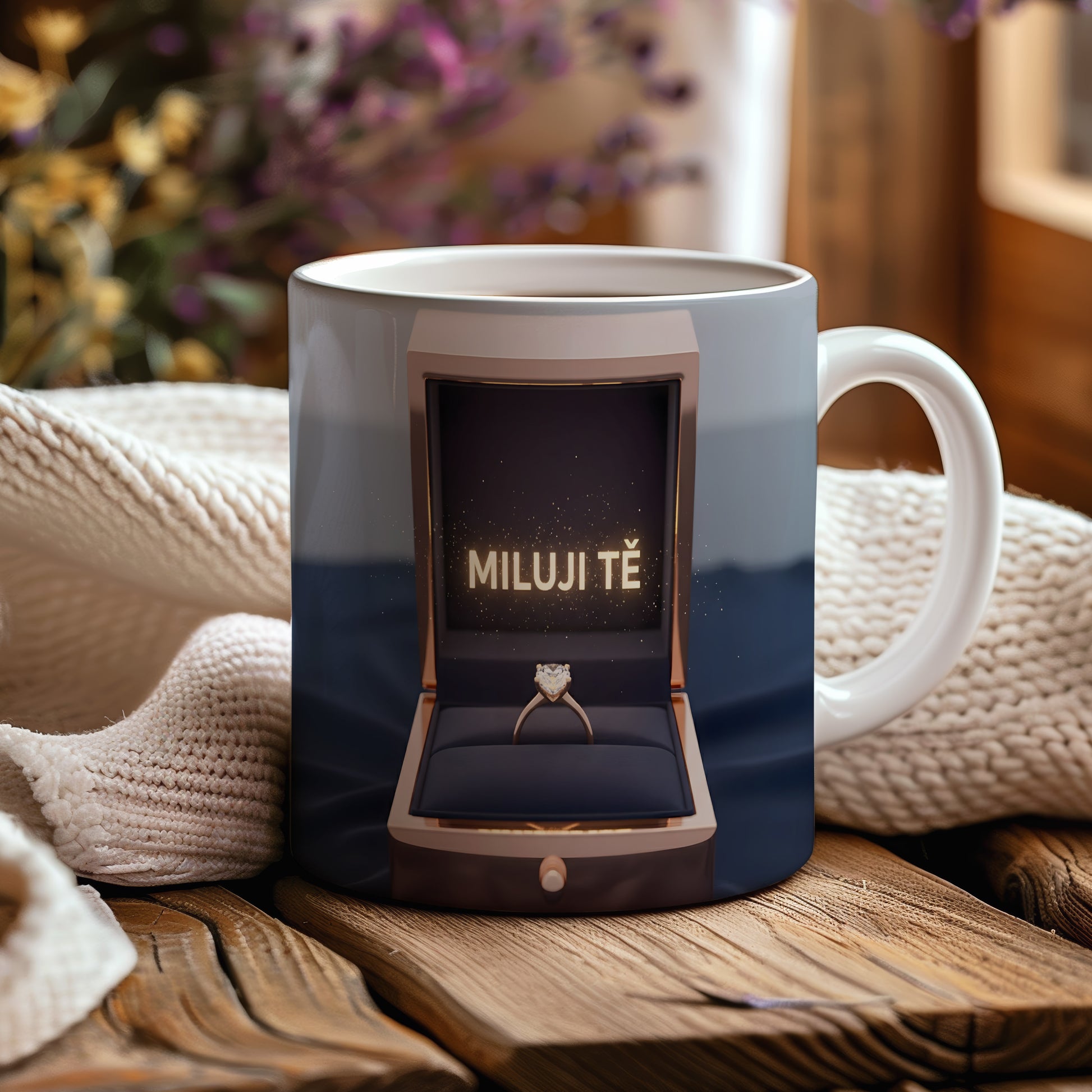Hrnček s nápisem MILUJI TĚ a zlatým prstenem v krabičce.