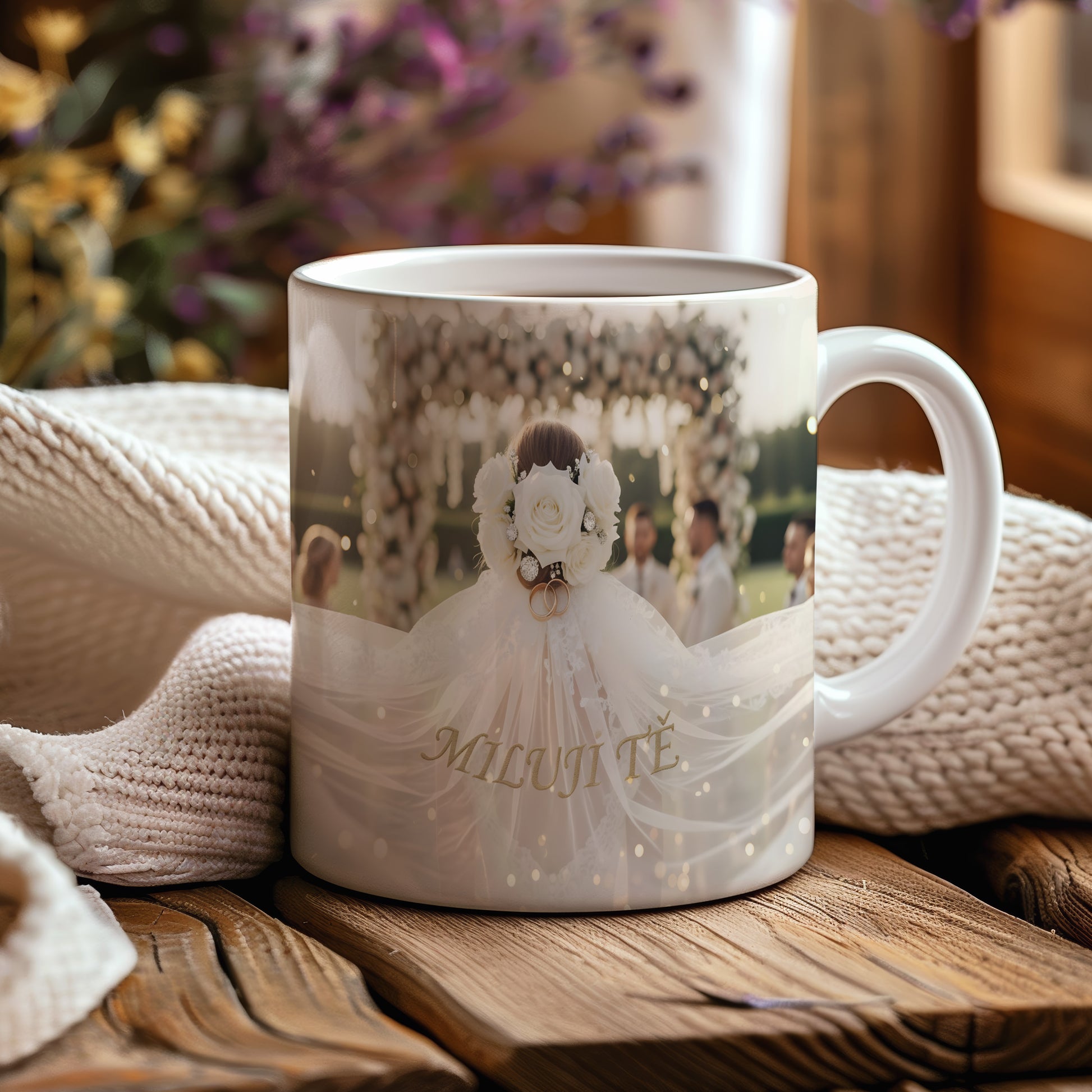 Romantický hrnek s květinami a prstýnky ve svatebním stylu.