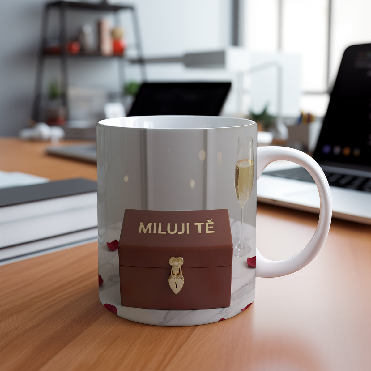 Bílý hrnek s nápisem MILUJI TĚ a zlatým srdcem na mramorovém pozadí.