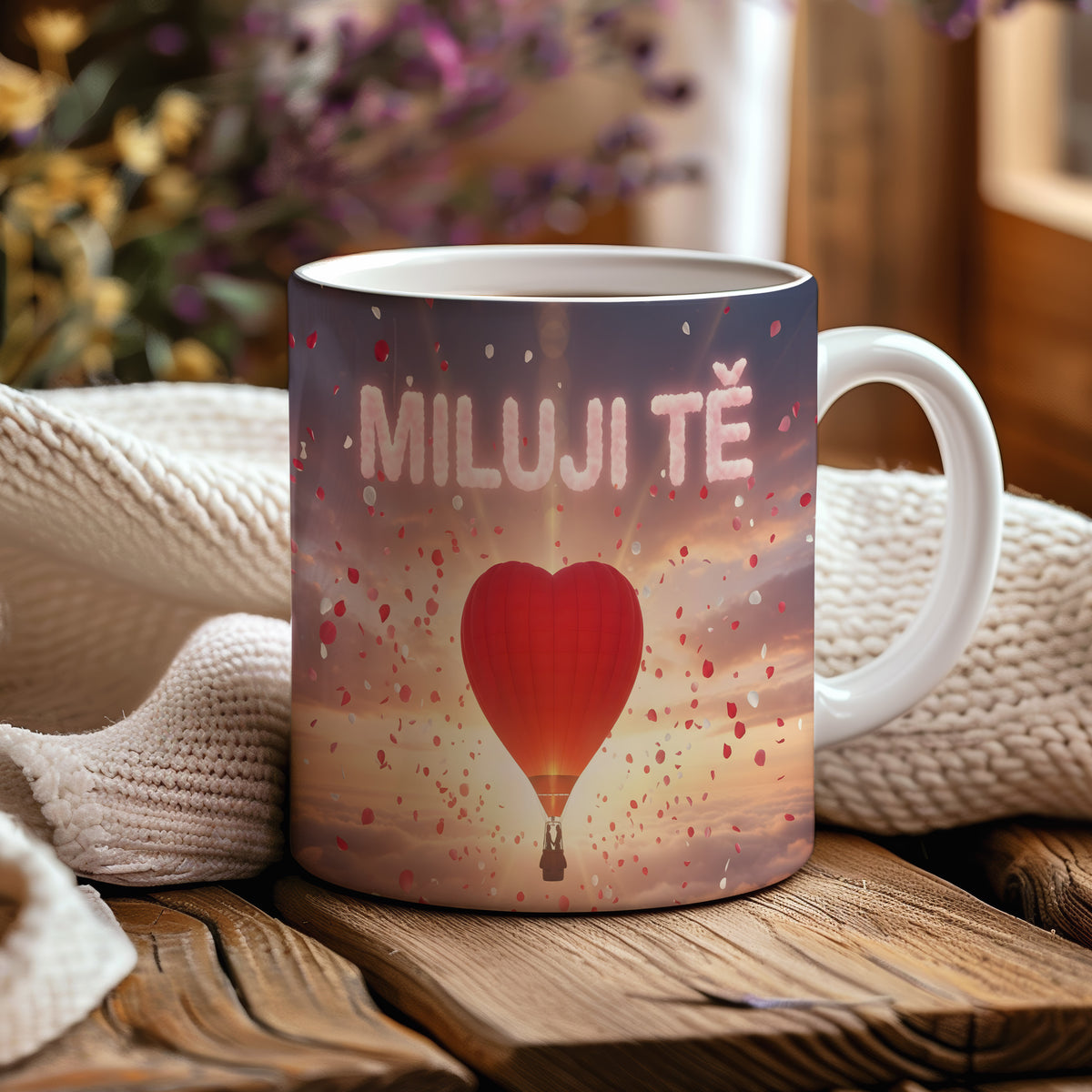 Hrnček s nápisem MILUJI TĚ a srdcem v oblacích.