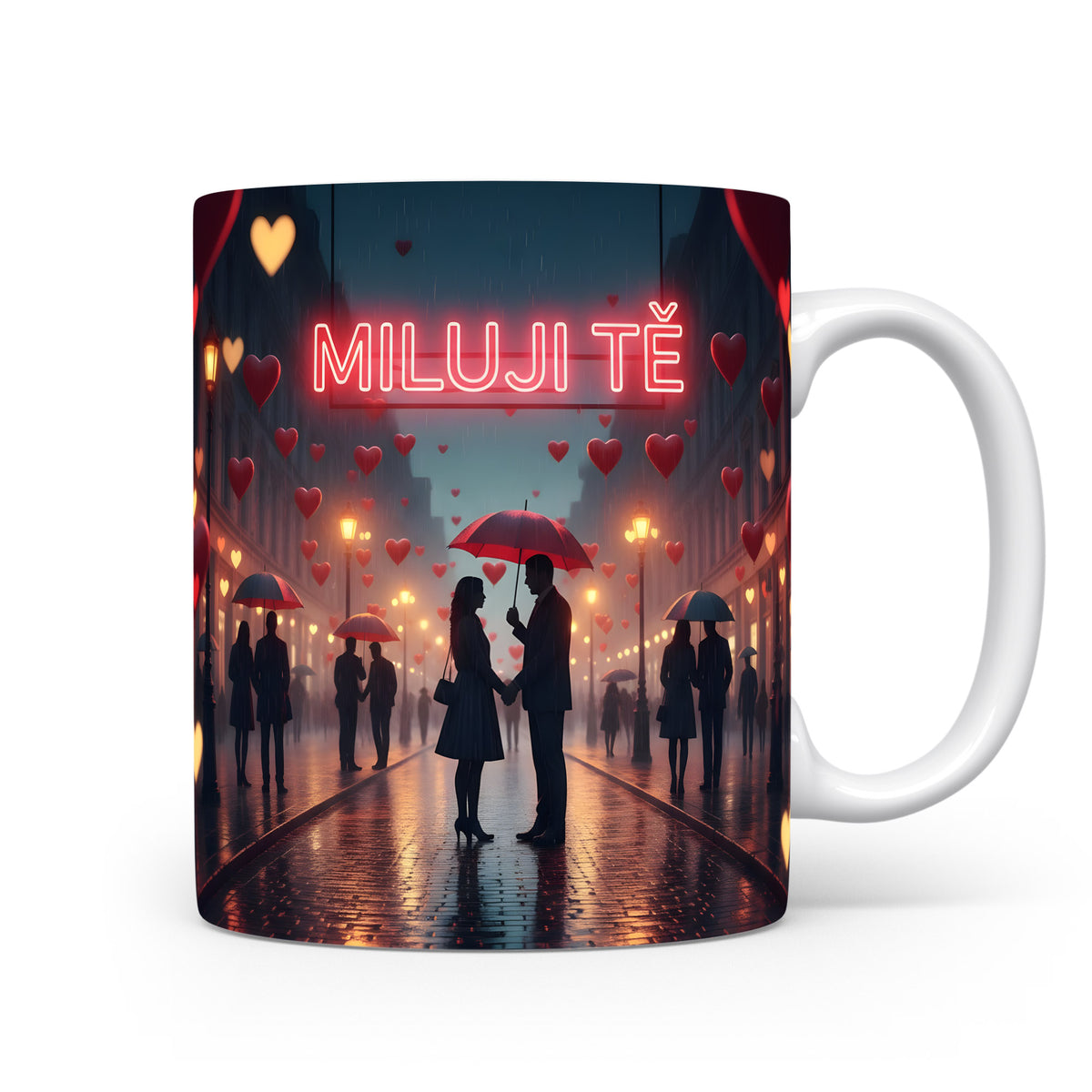 Romantický hrnek s nápisem MILUJI TĚ a motivem deštníků a srdcí.