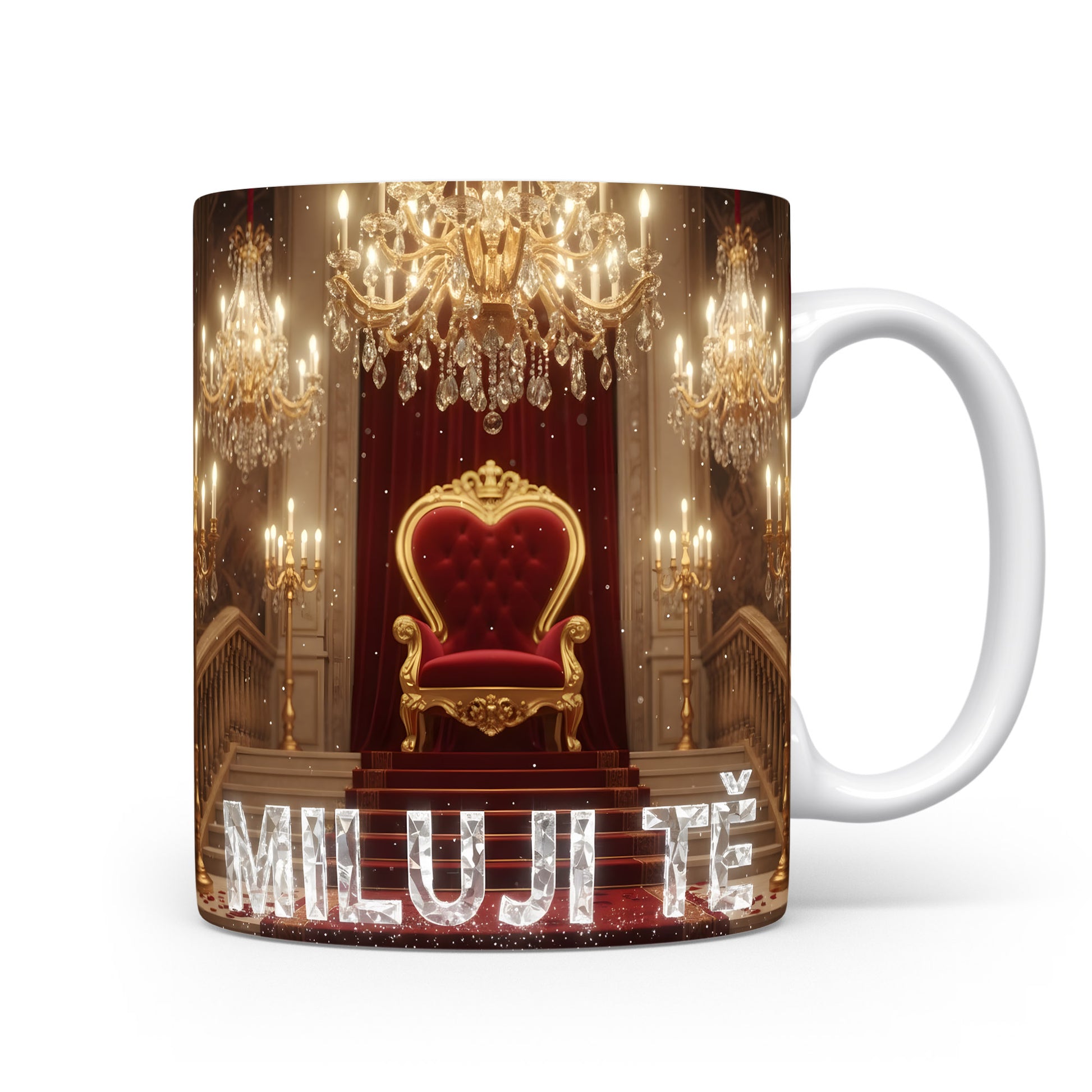 Luxusní hrnek s nápisem MILUJI TĚ a královským trůnem.