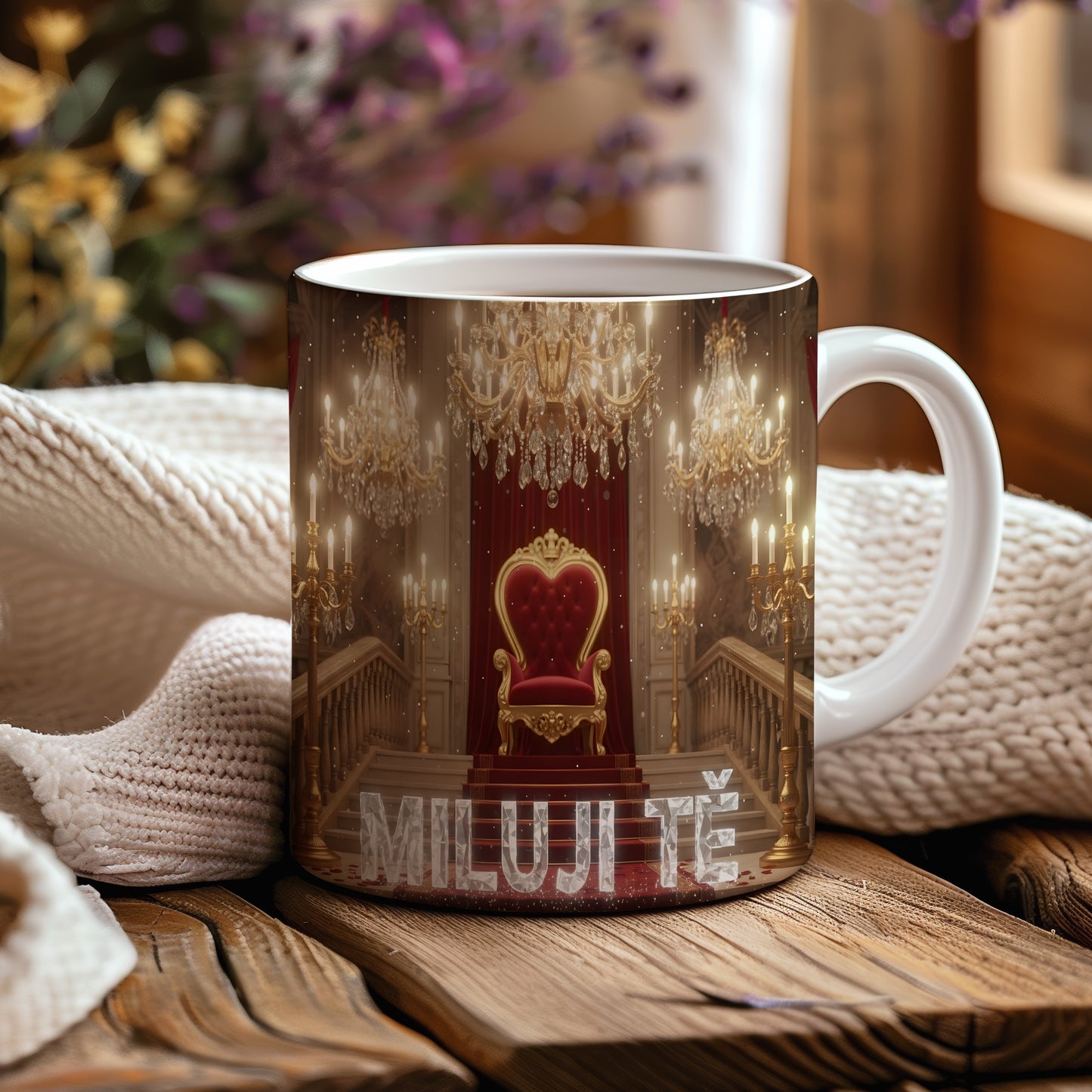 Luxusní hrnek s nápisem MILUJI TĚ a královským trůnem.
