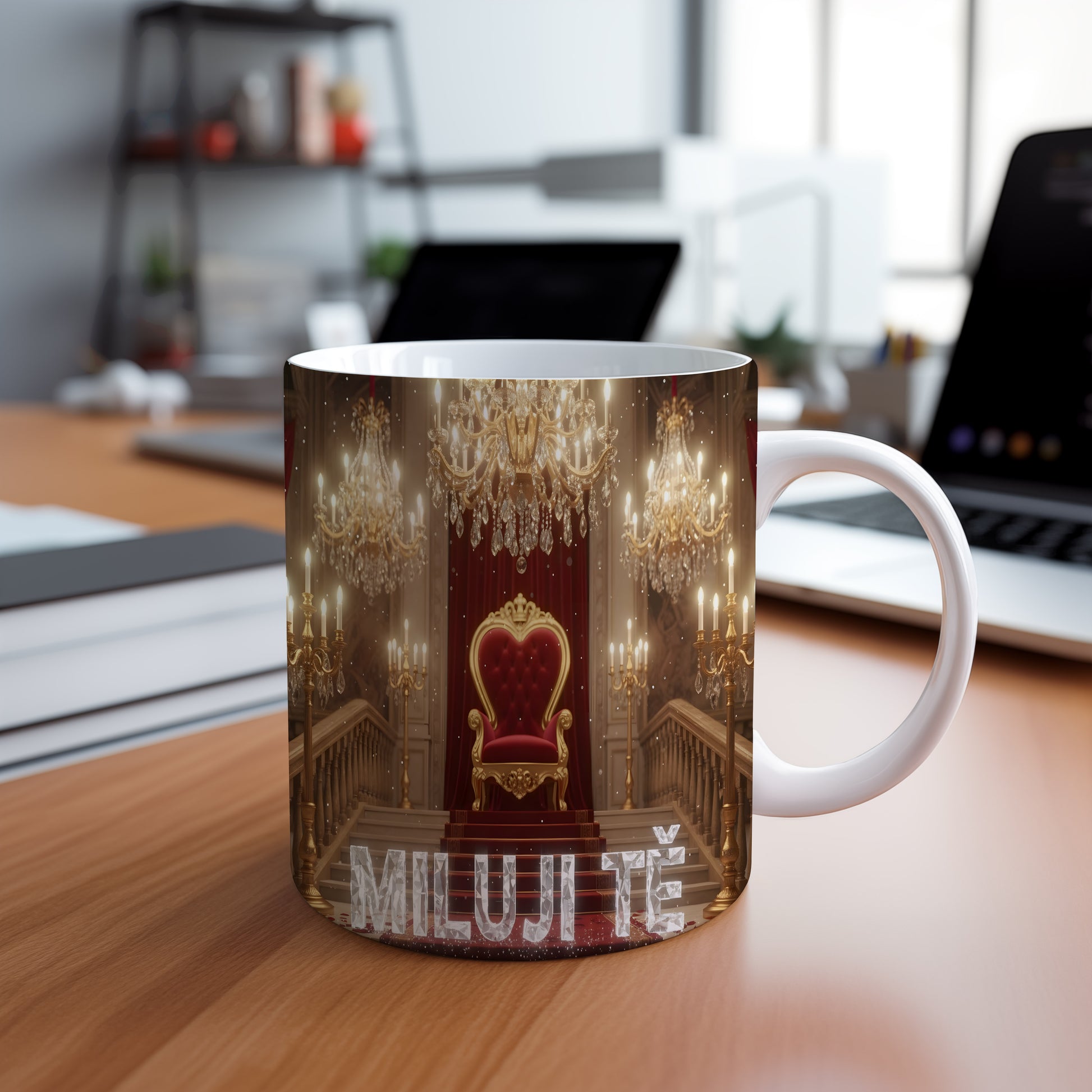 Luxusní hrnek s nápisem MILUJI TĚ a královským trůnem.