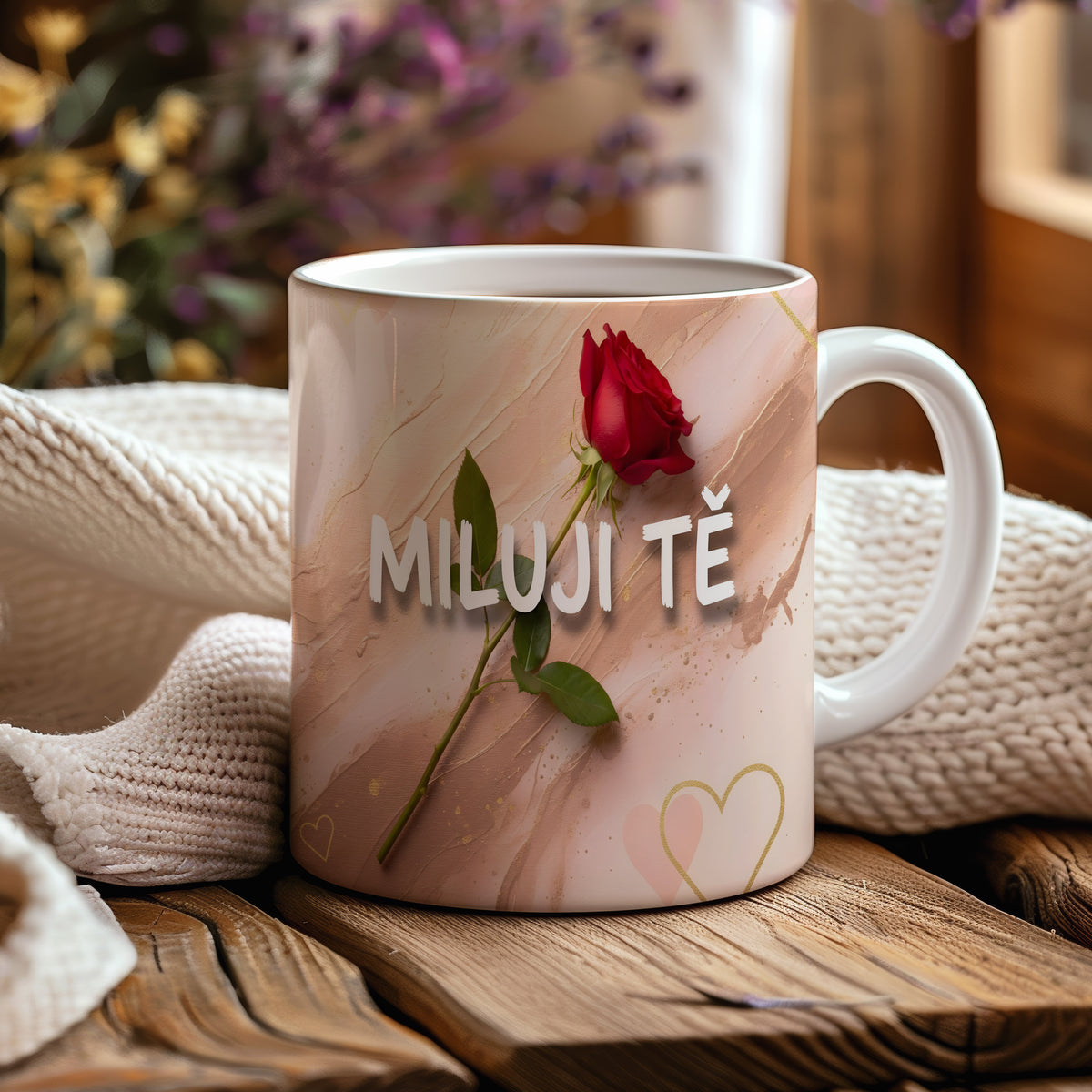 Hrnek s červenou růží a nápisem MILUJI TĚ na pastelovém pozadí.