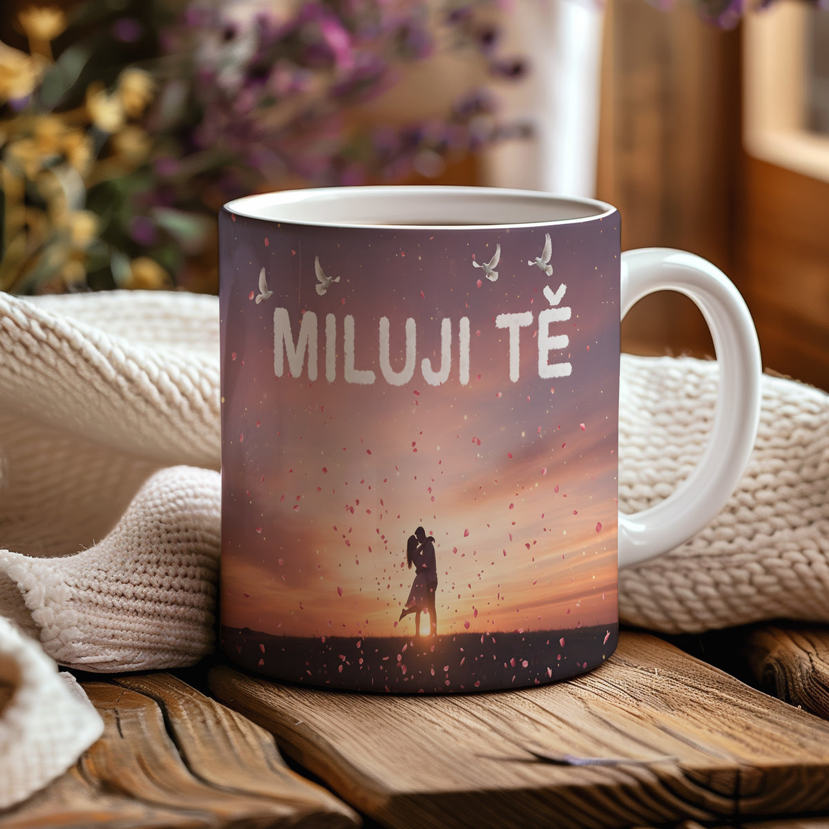 Hrnek s nápisem MILUJI TĚ, párem při západu slunce a okvětními lístky.