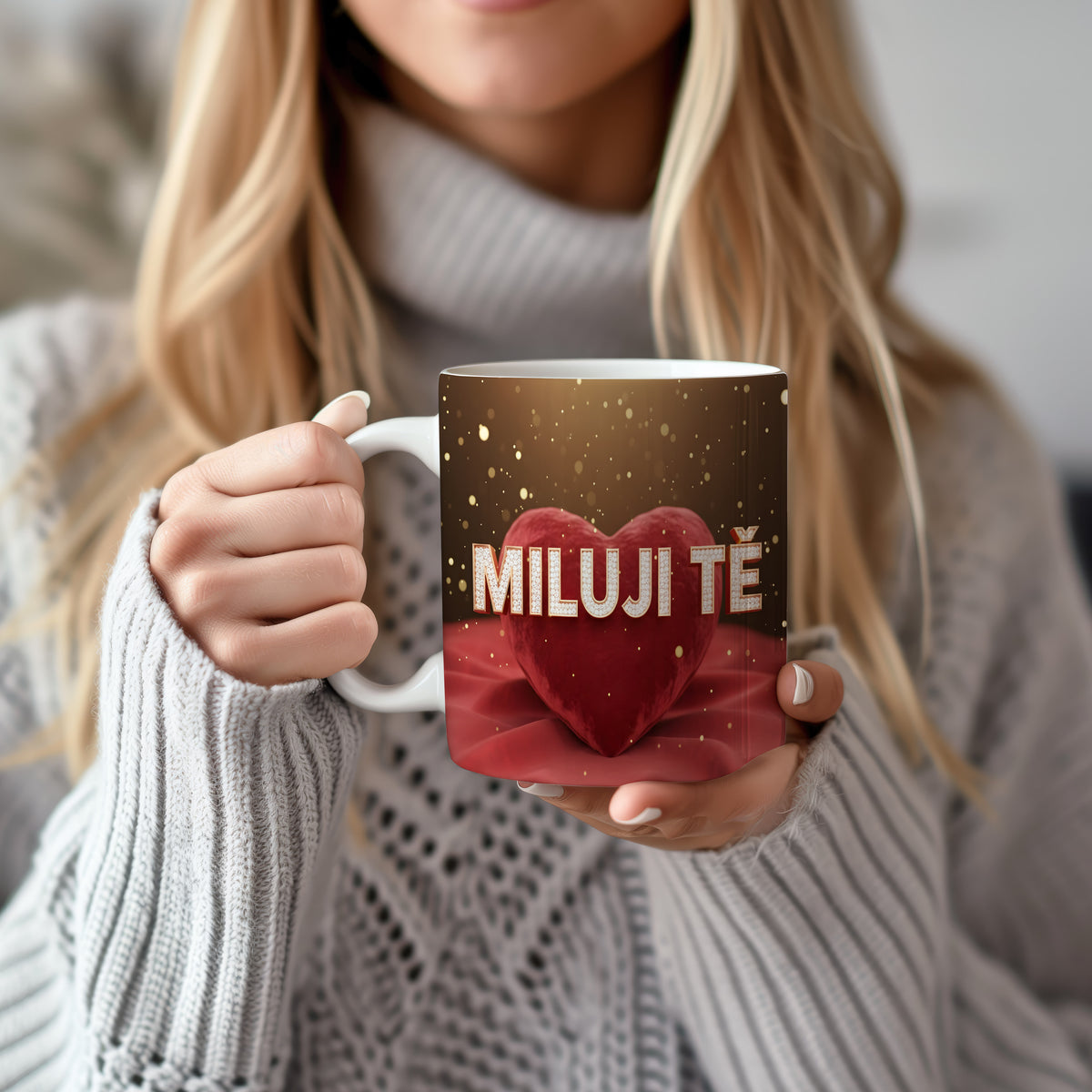 Romantický hrnek s červeným srdcem a nápisem MILUJI TĚ.