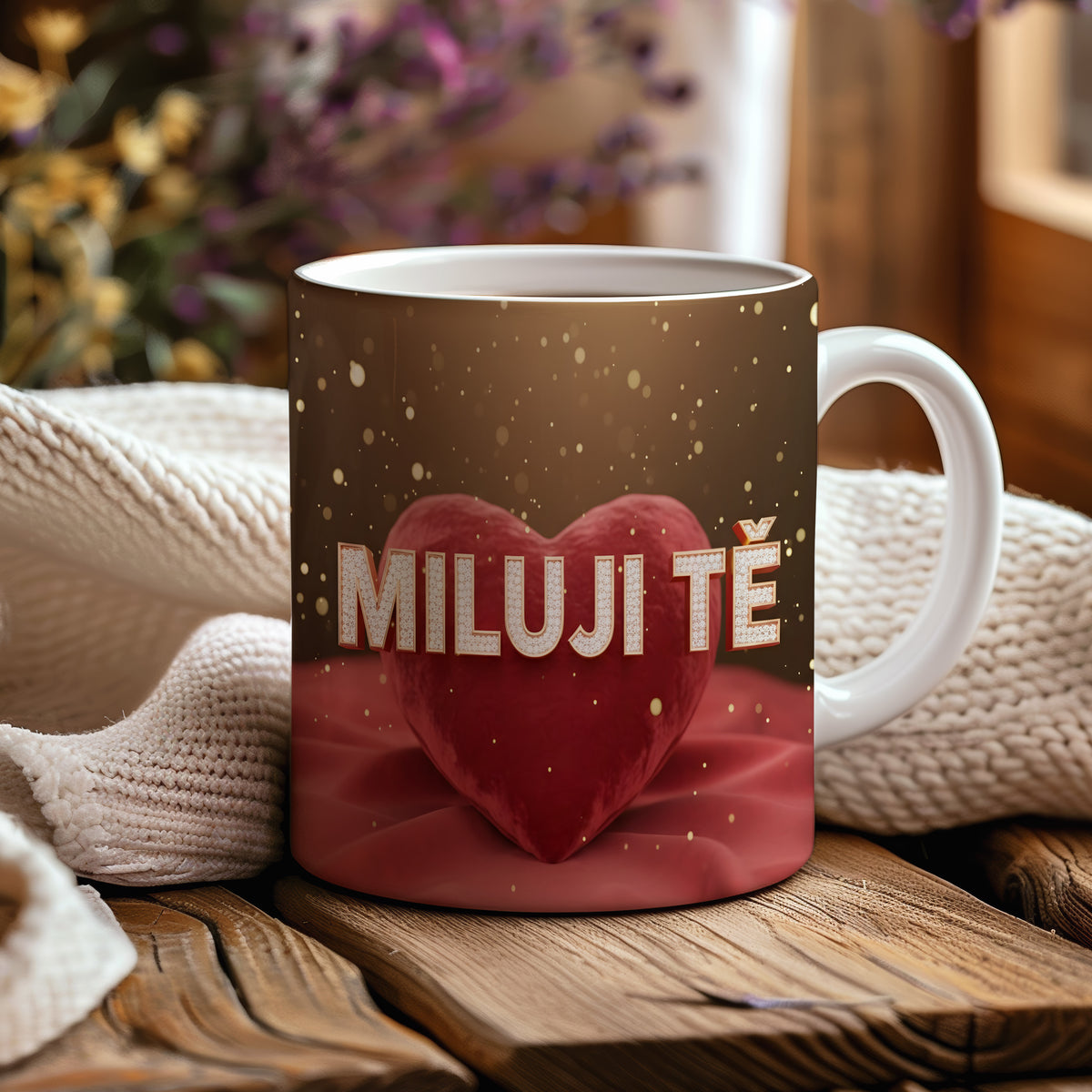 Romantický hrnek s červeným srdcem a nápisem MILUJI TĚ.